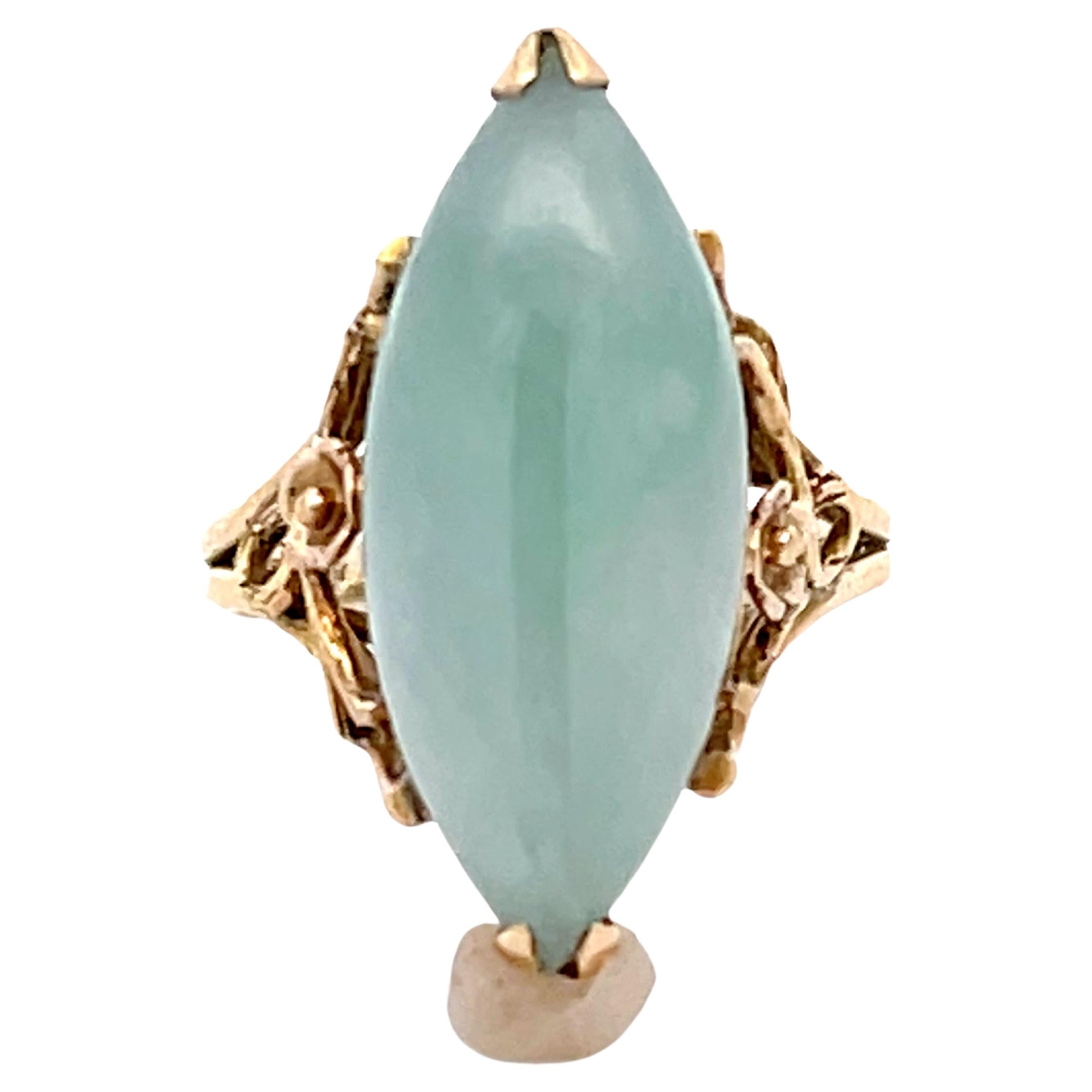 Vintage Pale Green Jade Novette Ring in 14k Yellow Gold