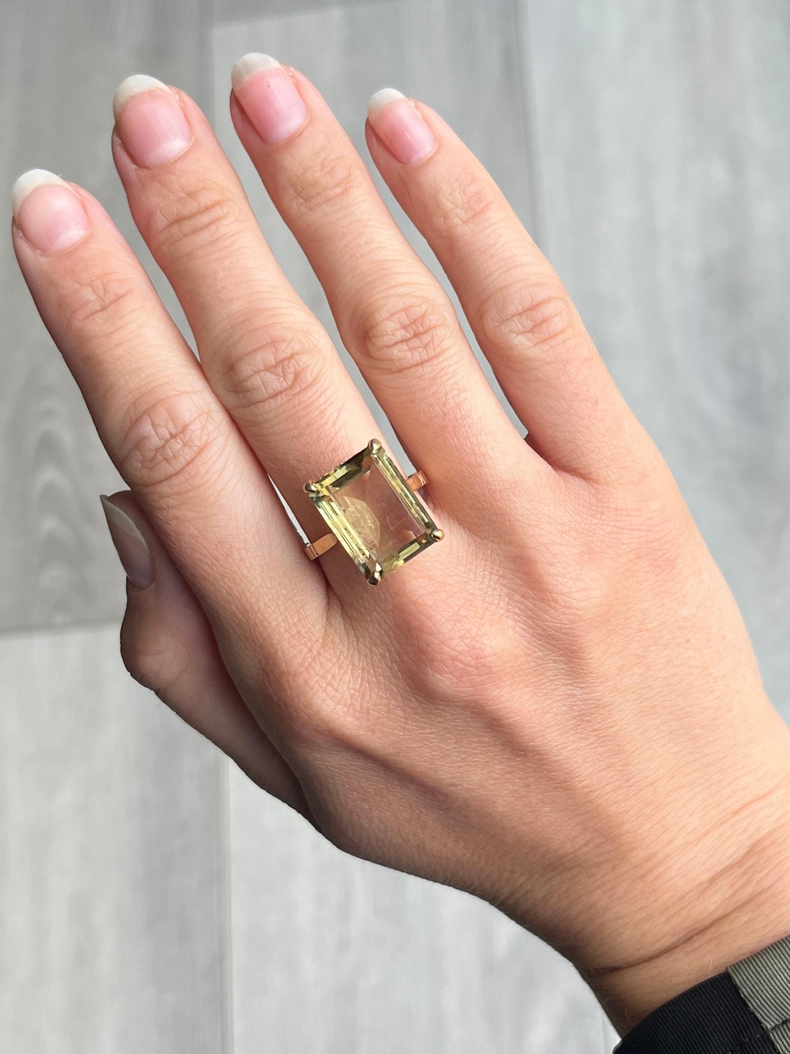 Emerald Cut Vintage Pale Green/Yellow Tourmaline and 18 Carat Gold Ring For Sale