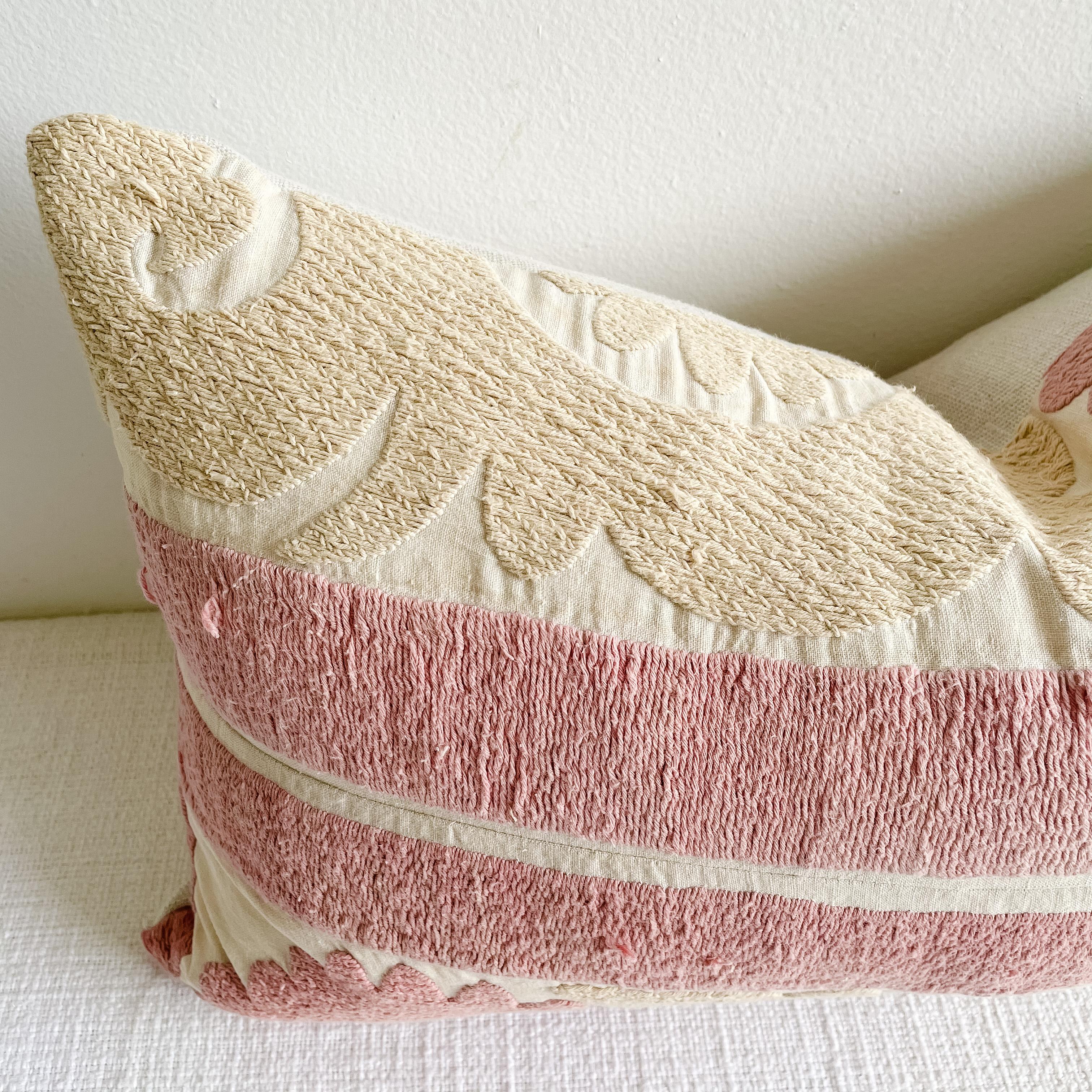 Vintage pale pink and tan embroidered Suzani on a natural muslin background. This vintage textile pillow face features a vintage suzann quilt, natural linen colored background with original hand embroidery. The backing is 100% Belgian linen in