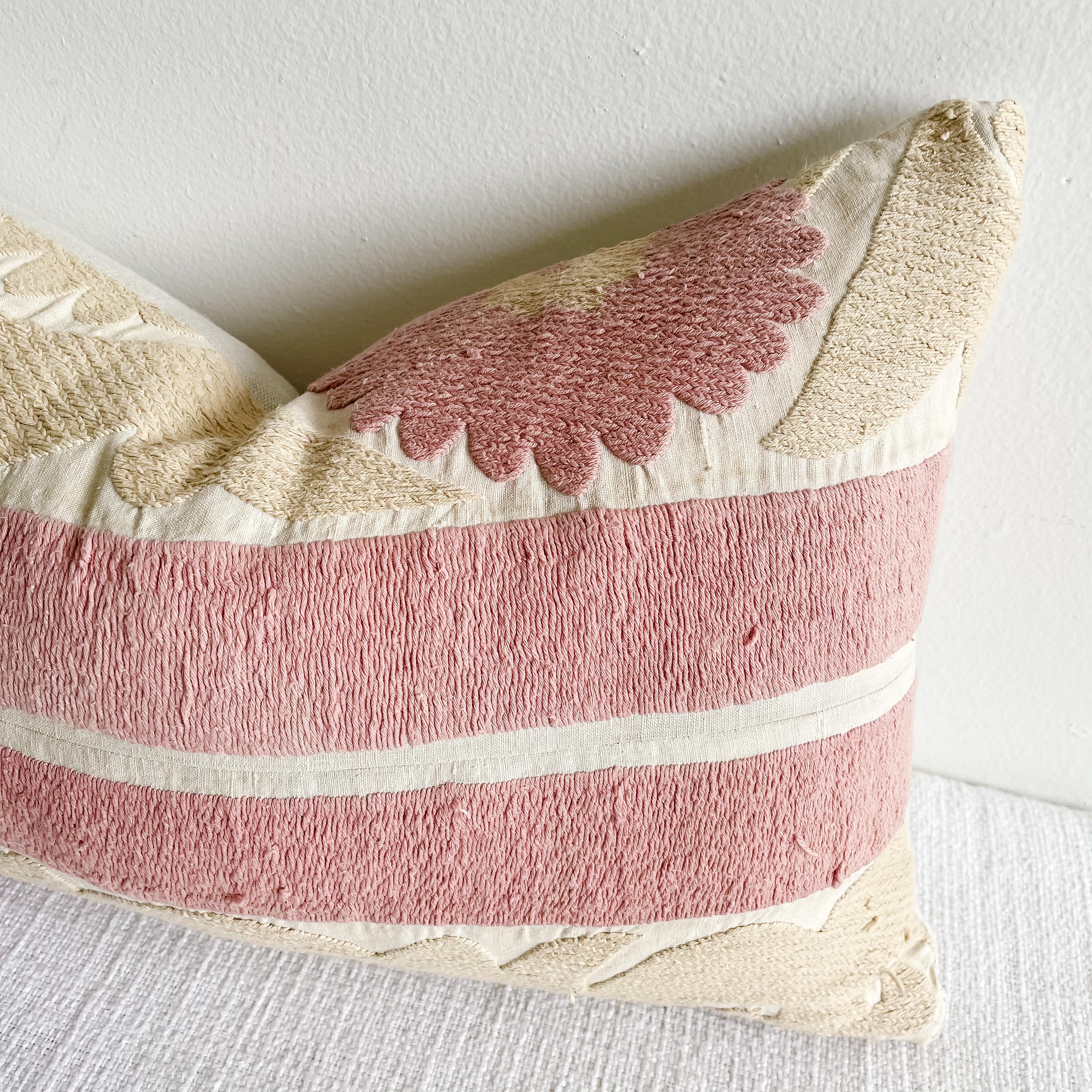 Vintage Pale Pink and Tan Embroidered Suzani Accent Pillow In Good Condition In Brea, CA