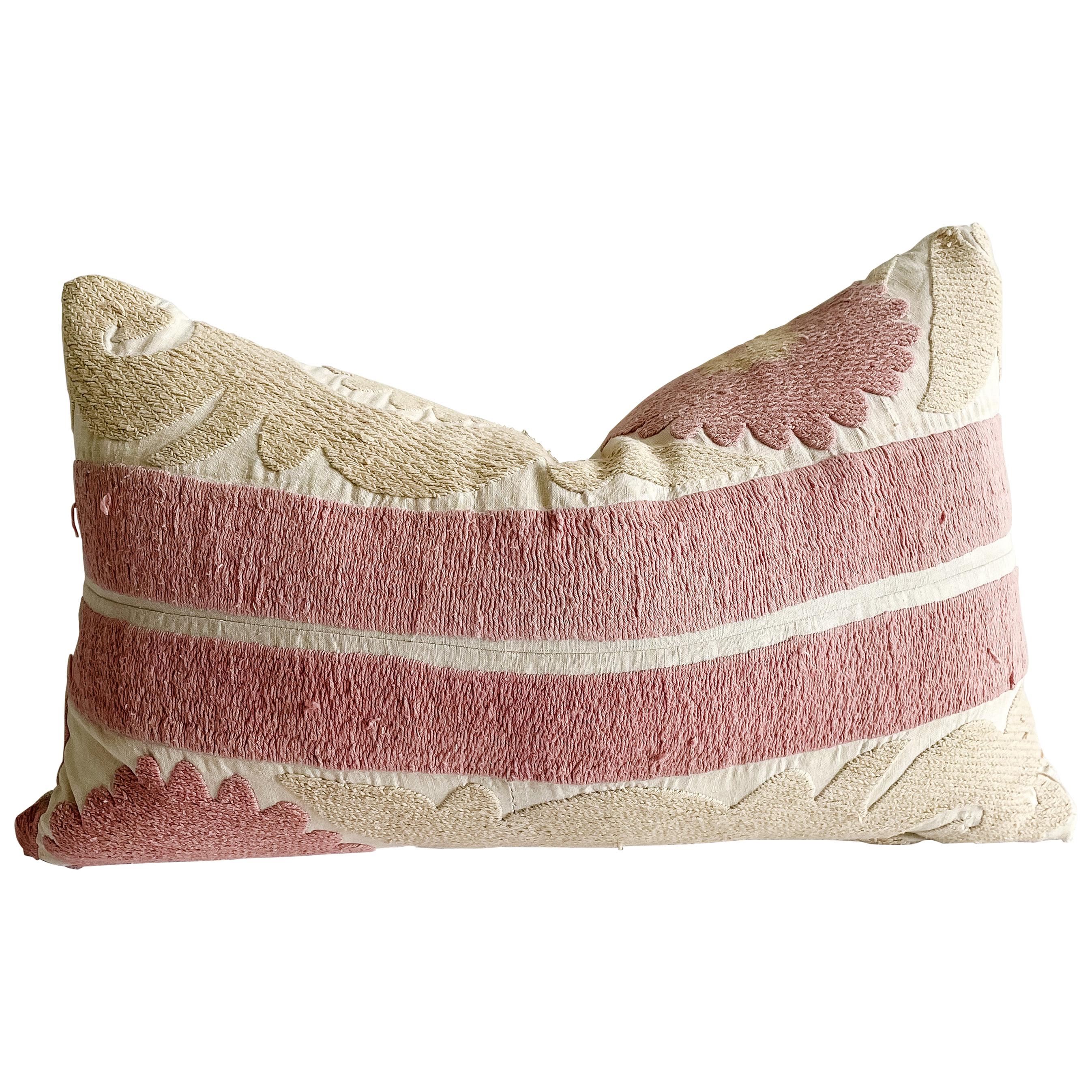 Vintage Pale Pink and Tan Embroidered Suzani Accent Pillow