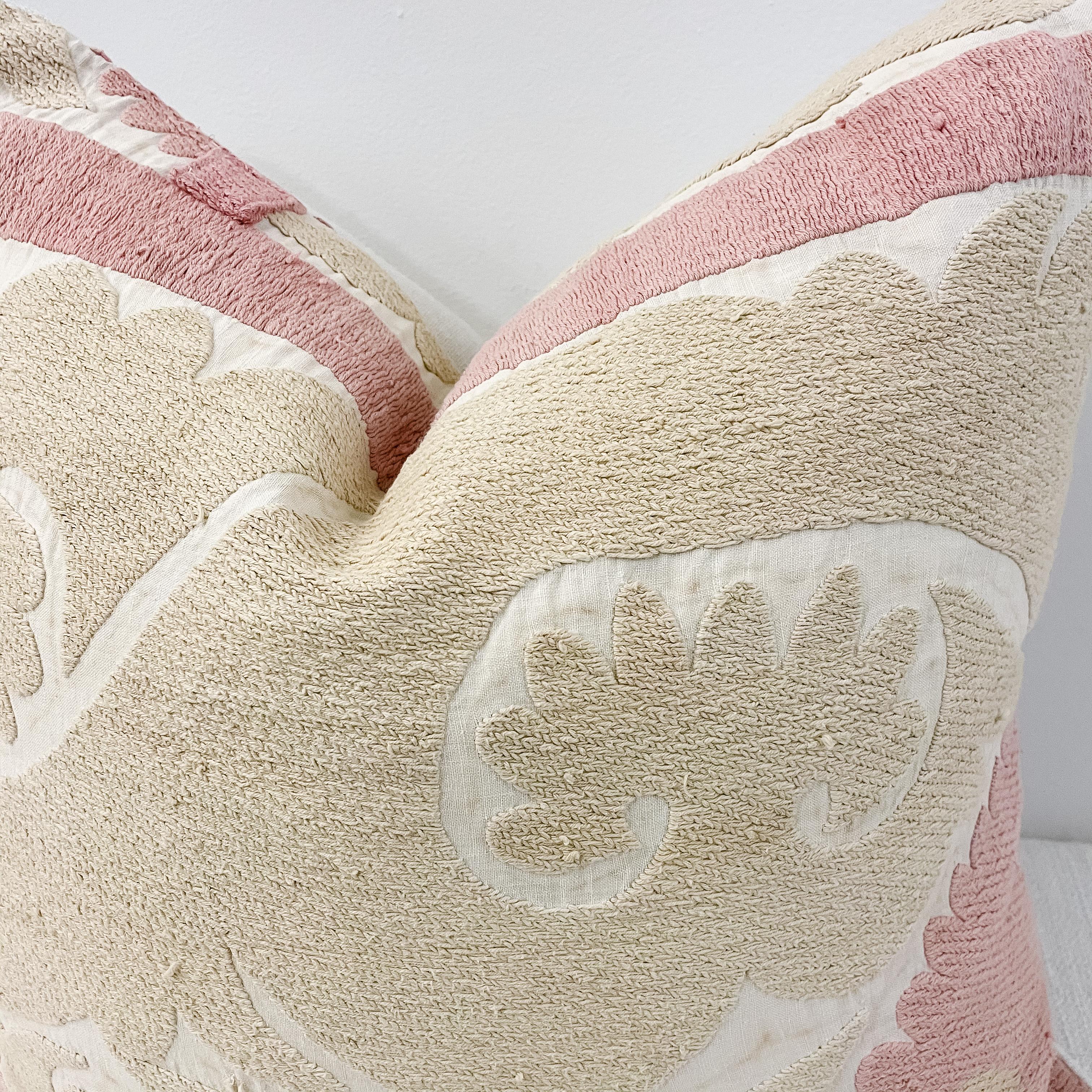 Vintage Pale Pink and Tan Embroidered Suzani Pillow with Down Feather Insert In Good Condition In Brea, CA