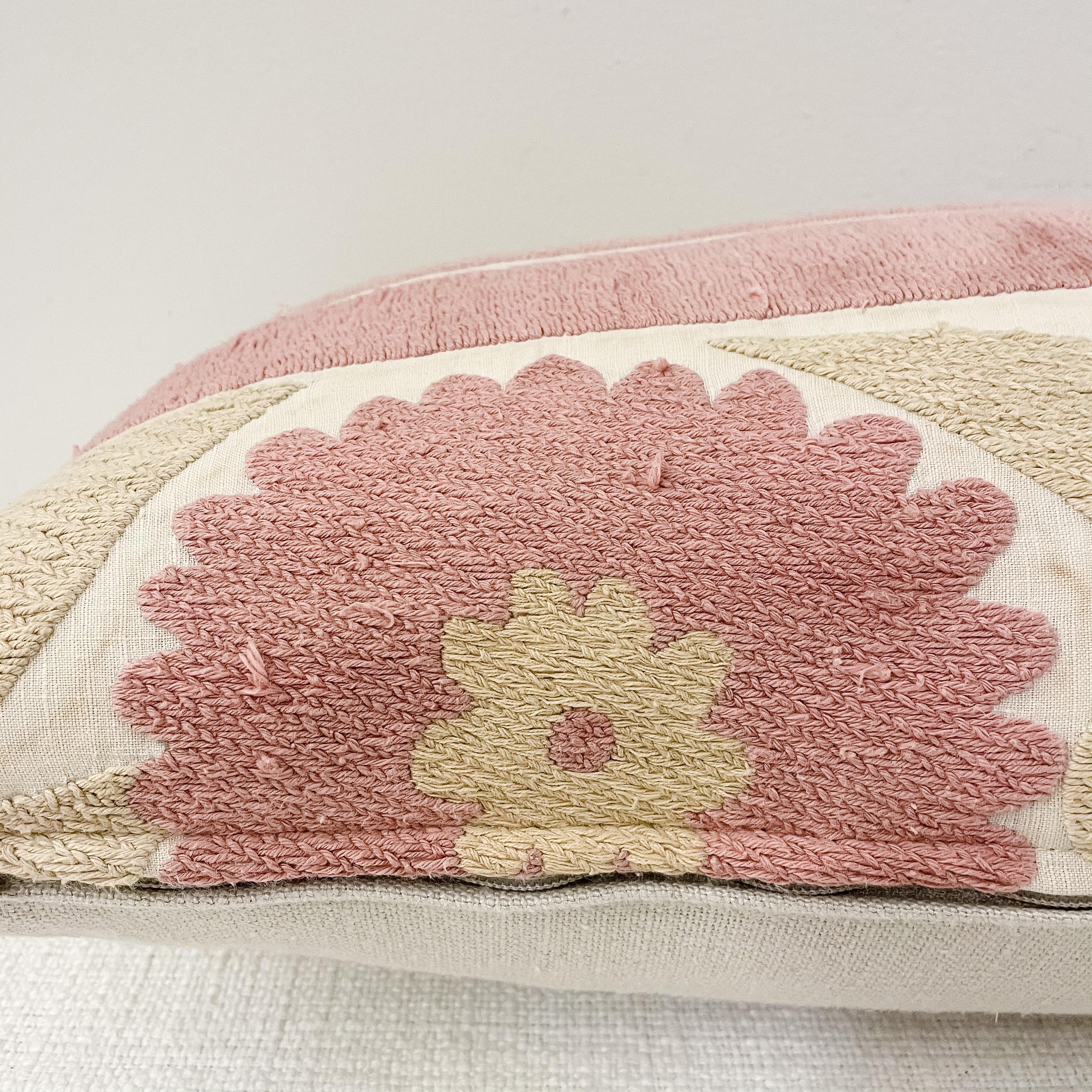 Cotton Vintage Pale Pink and Tan Embroidered Suzani Pillow with Down Feather Insert