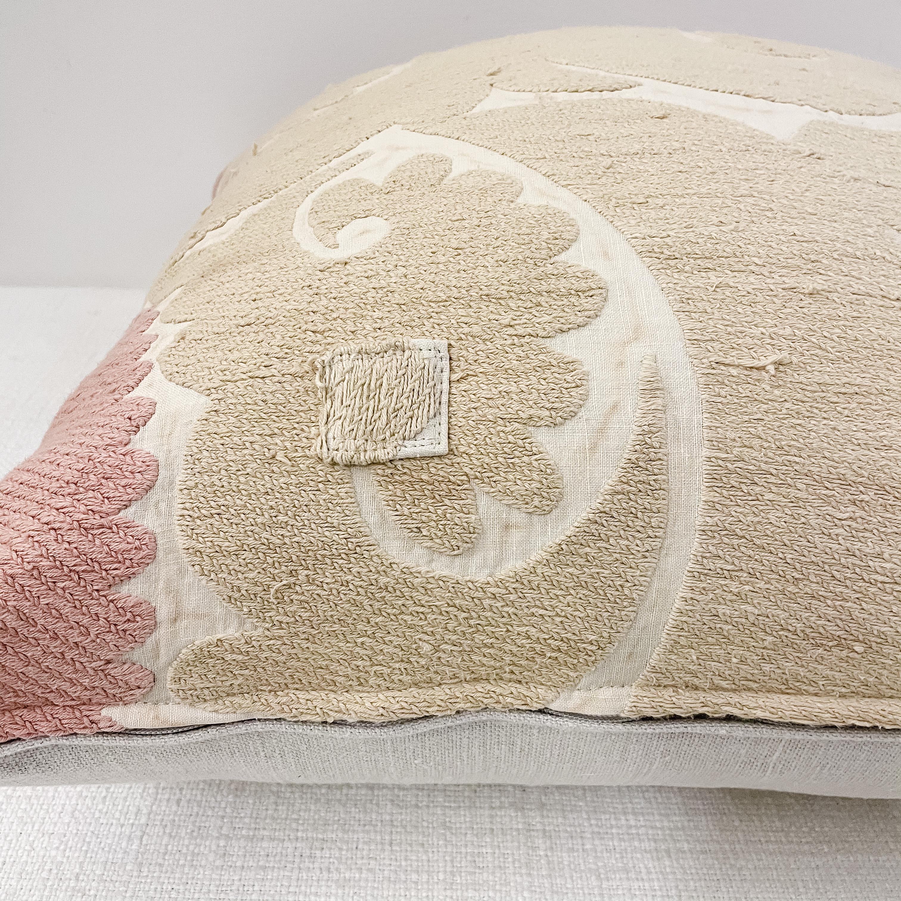 Linen Vintage Pale Pink and Tan Embroidered Suzani Pillow with Down Feather Insert