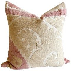 Vintage Pale Pink and Tan Embroidered Suzani Pillow with Down Feather Insert