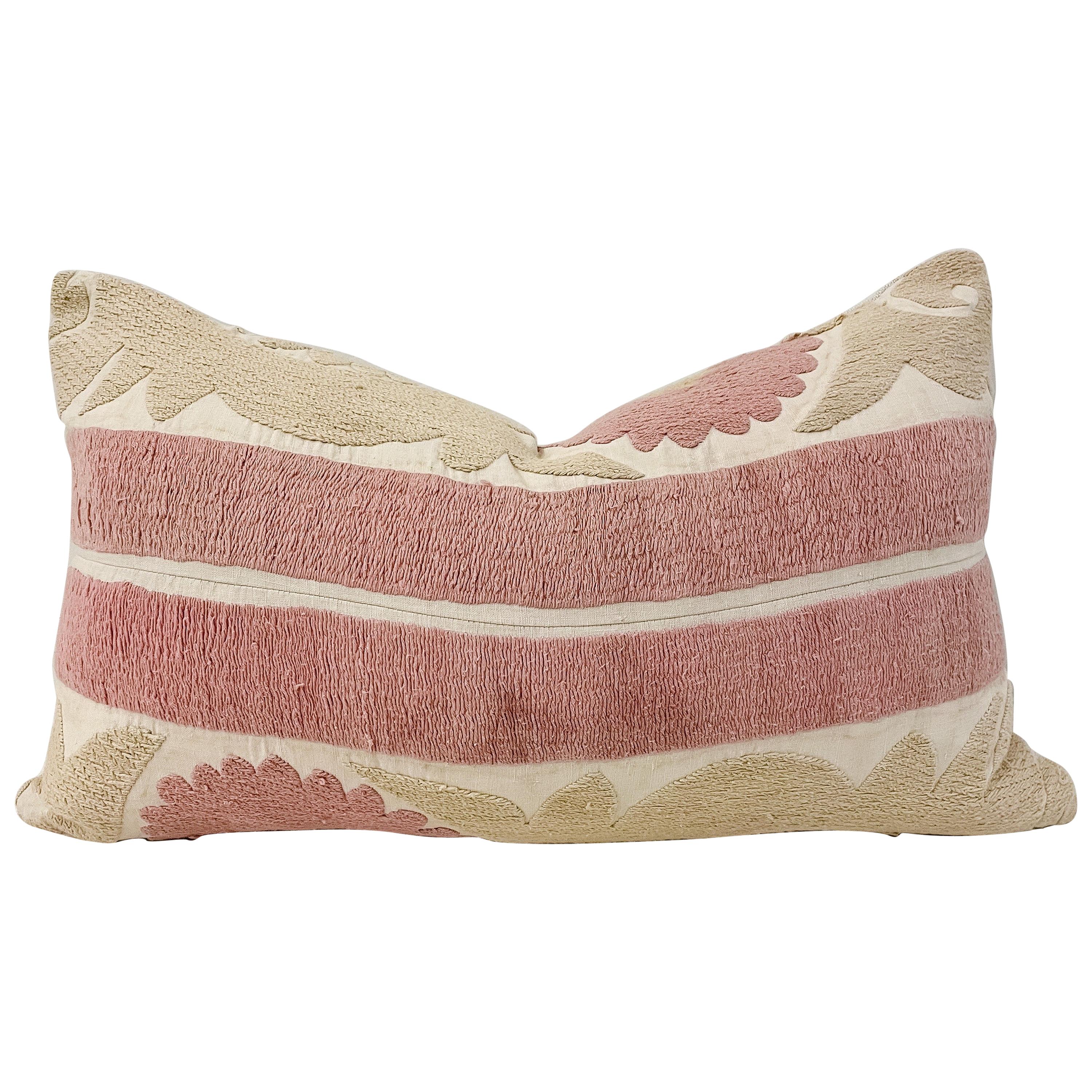 Vintage Pale Pink and Tan Embroidered Suzani Pillow with Down Feather Insert