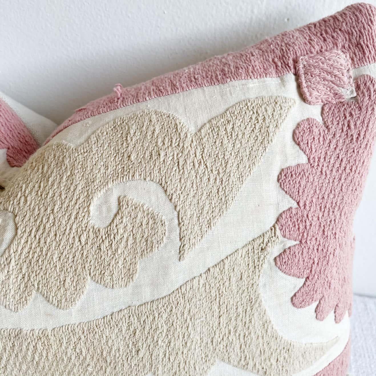 Vintage Pale Pink and Tan Embroidered Suzani Pillow with Down Insert In Good Condition In Old Town Orange, CA