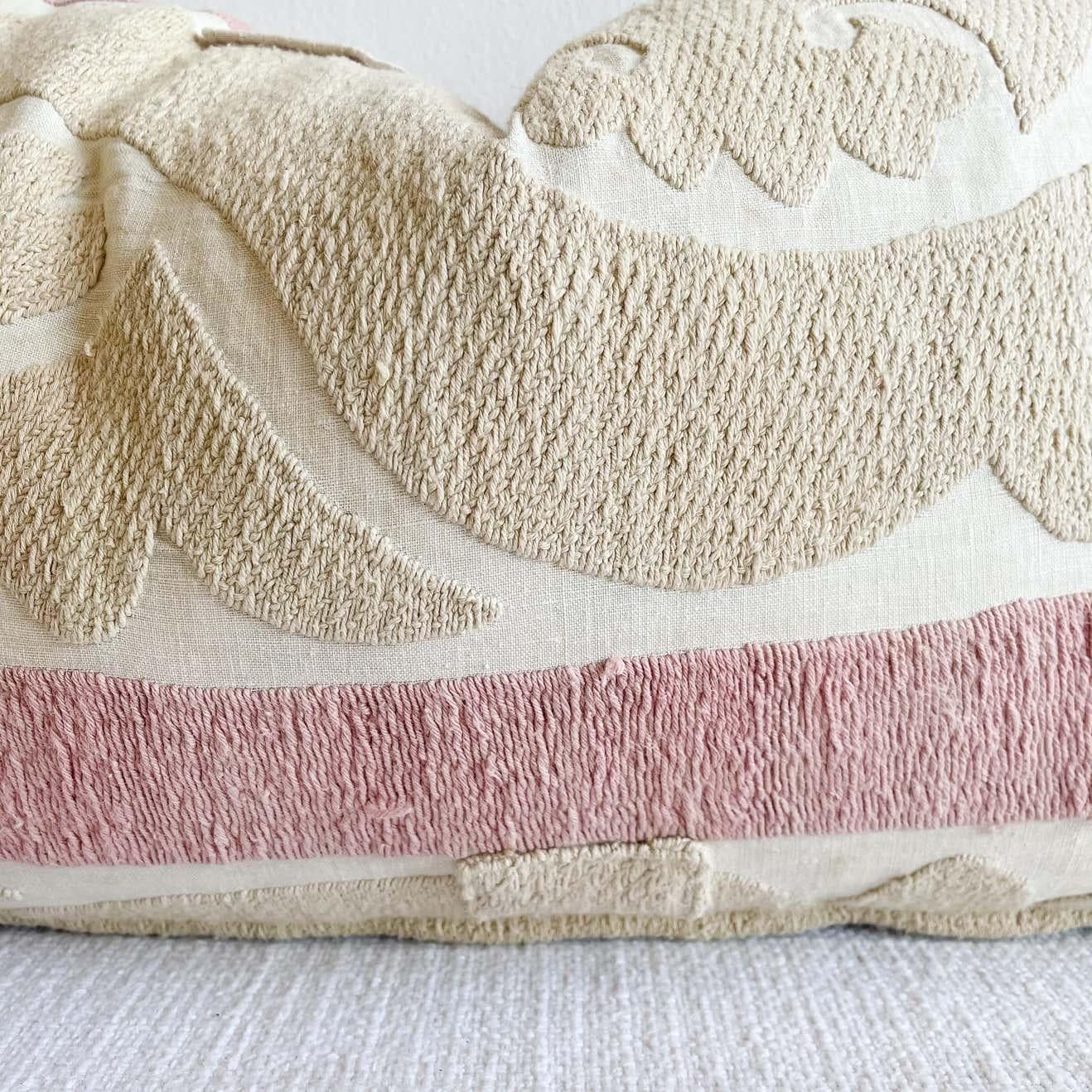 20th Century Vintage Pale Pink and Tan Embroidered Suzani Pillow with Down Insert