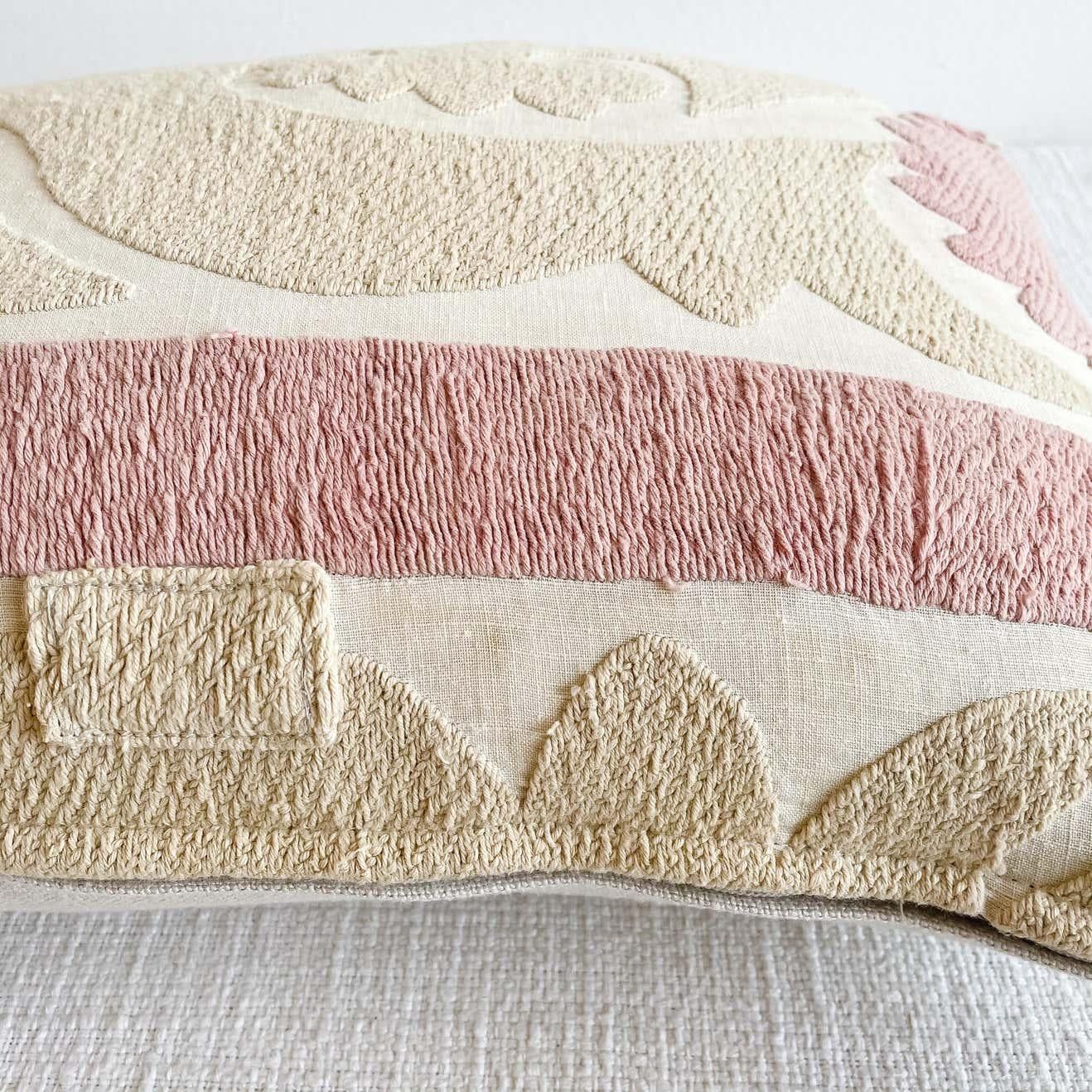 Cotton Vintage Pale Pink and Tan Embroidered Suzani Pillow with Down Insert
