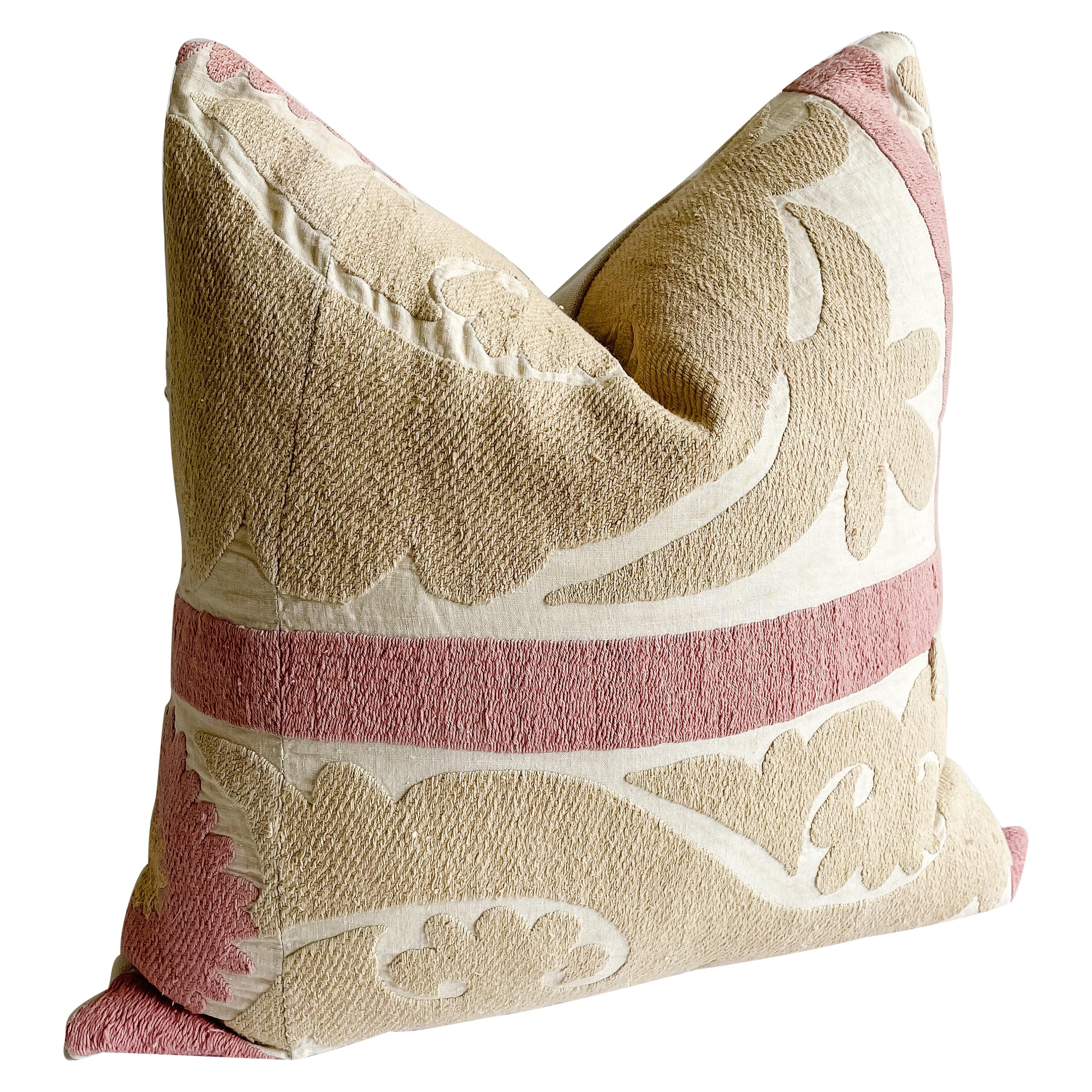 Vintage Pale Pink and Tan Suzani Embroidered Accent Pillow with Down Insert