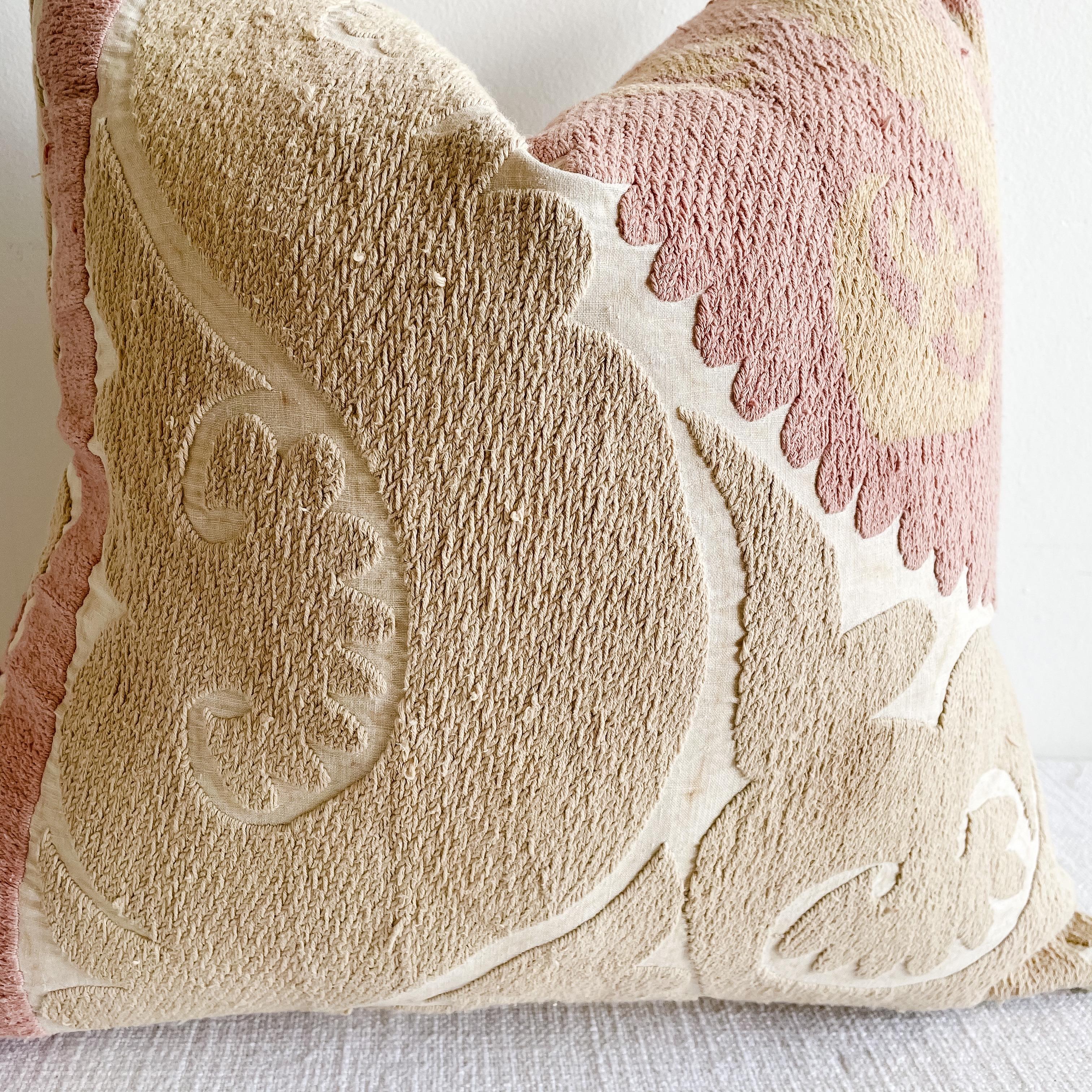 Vintage Pale Pink and Tan Suzani Pillow with Down Feather Insert In Good Condition In Brea, CA