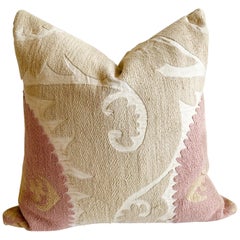 Used Pale Pink and Tan Suzani Pillow with Down Feather Insert