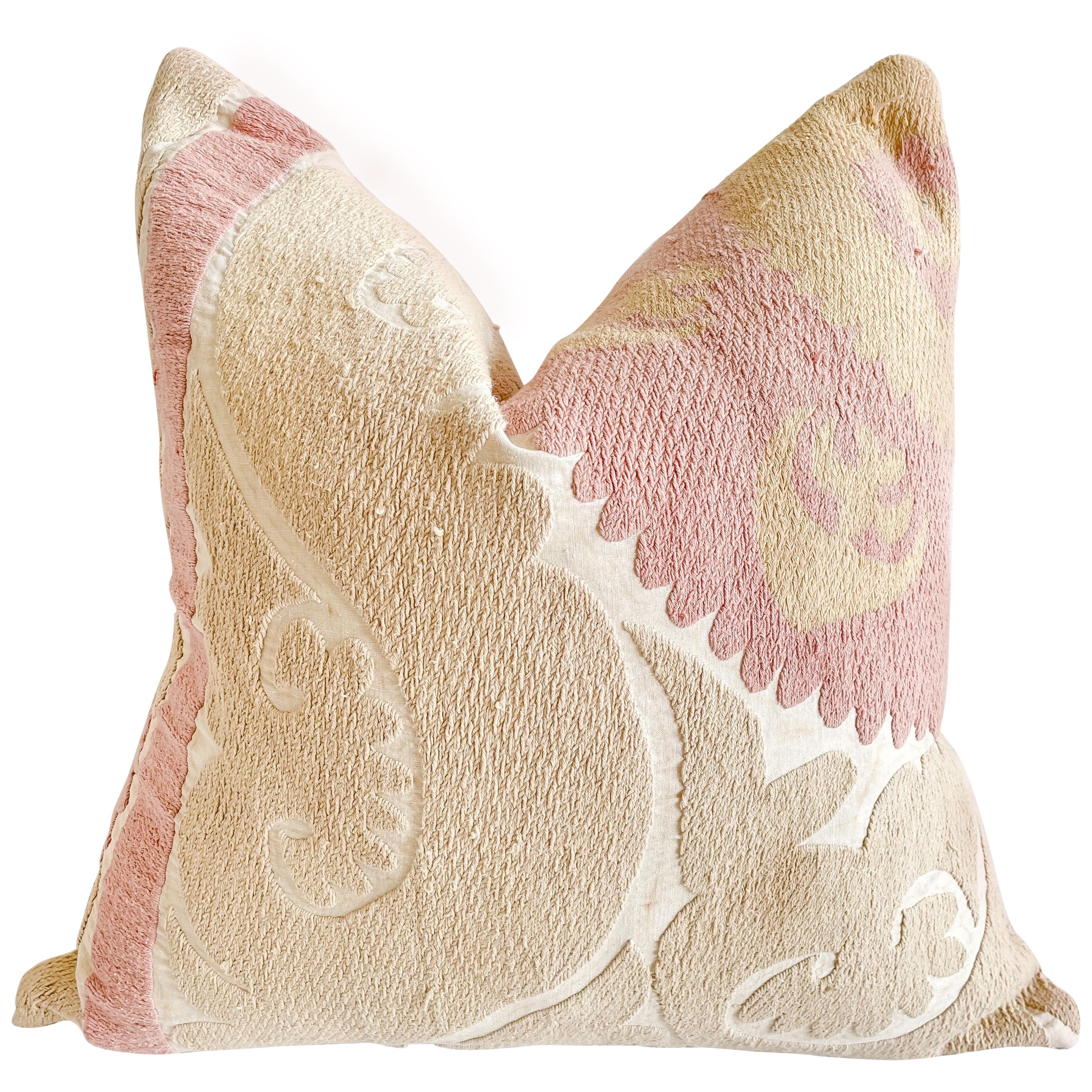 Vintage Pale Pink and Tan Suzani Pillow with Down Feather Insert