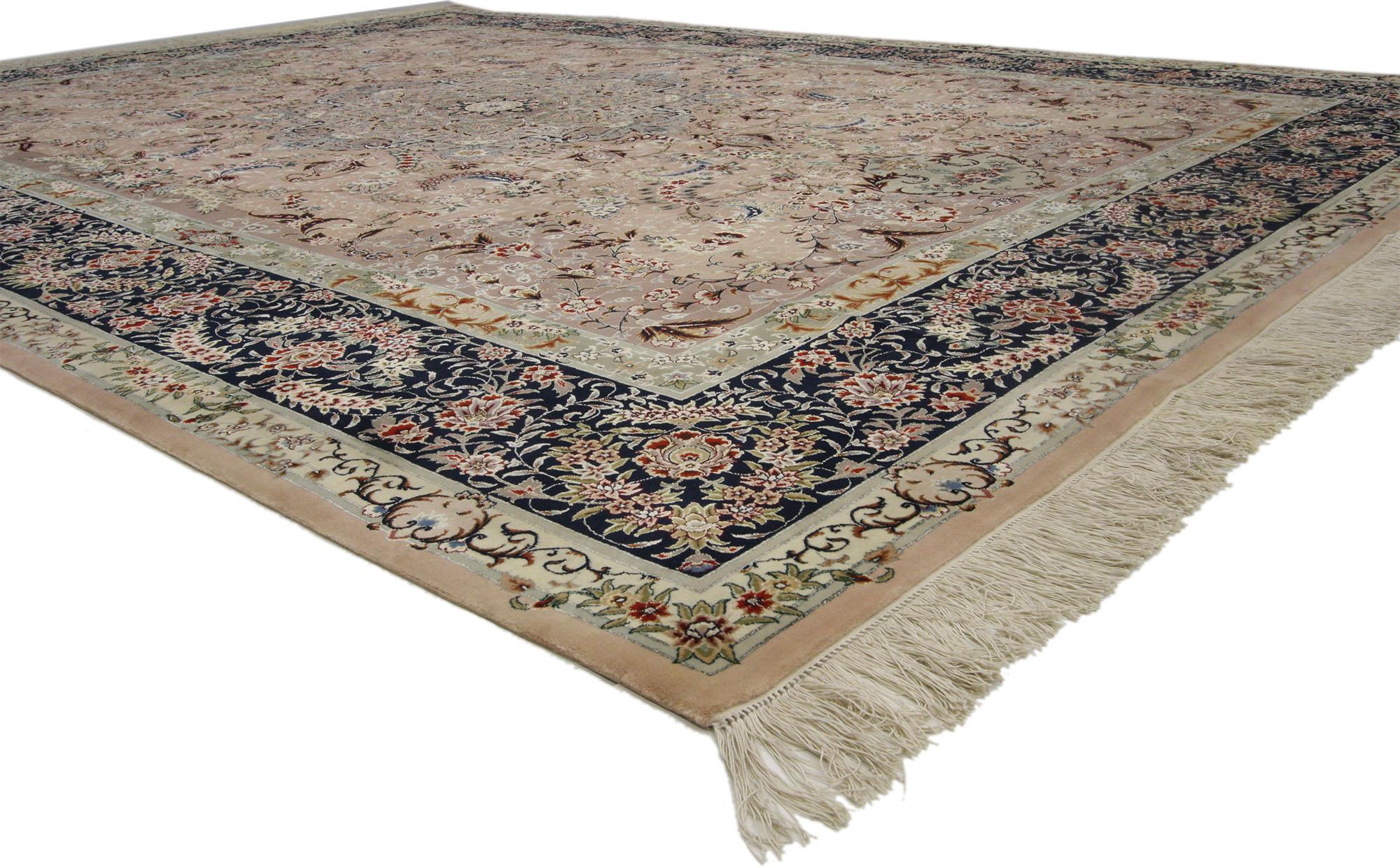 74838 Vintage Pale Pink Persian Tabriz rug with Romantic Arabesque Art Nouveau style 08'08 x 11'08. Here is a beautifully designed vintage pink Persian Tabriz rug with arabesque Art Nouveau style featuring gorgeous floral and vine scroll detail work