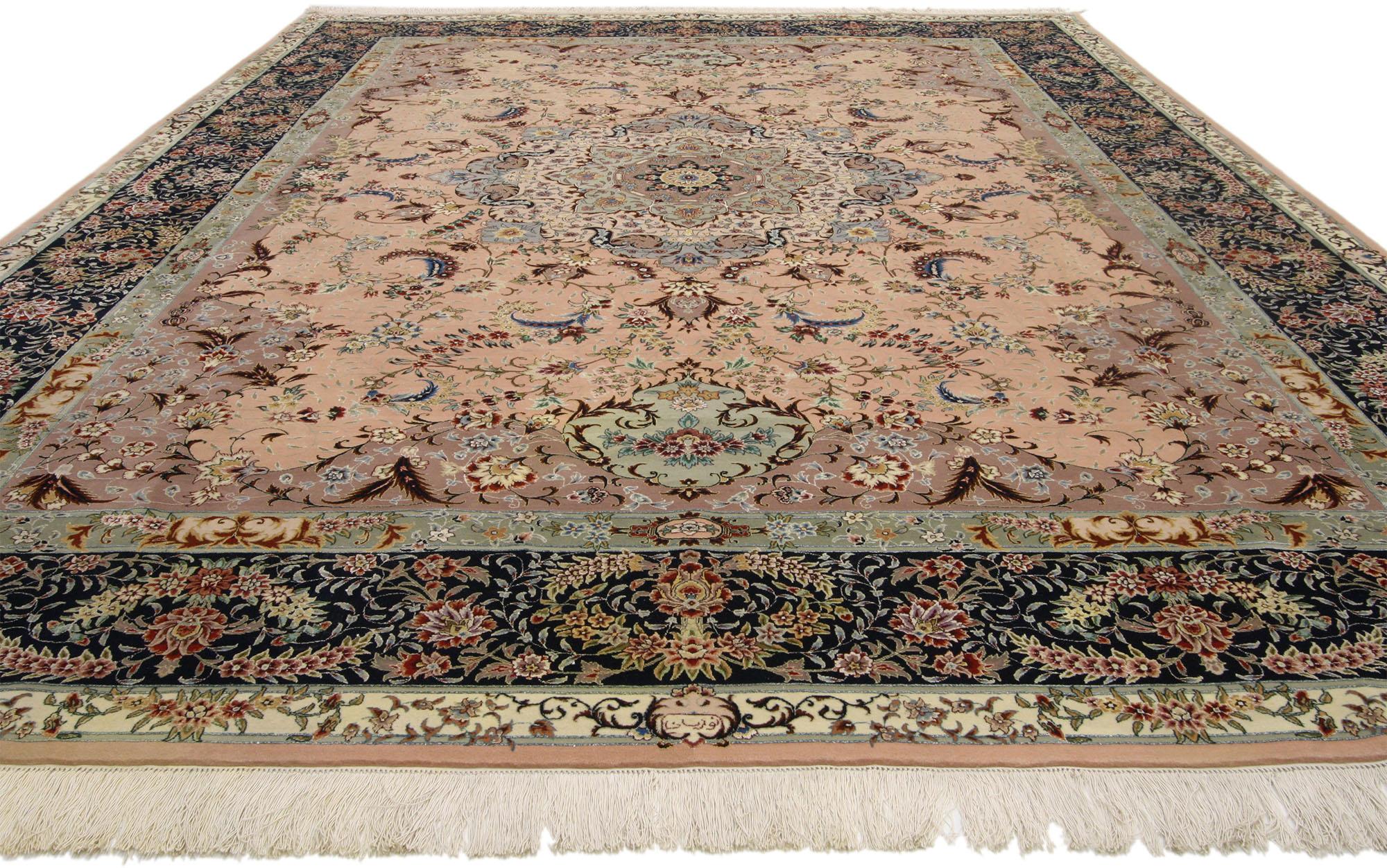 Hand-Knotted Vintage Pale Pink Persian Tabriz Rug with Romantic Arabesque Art Nouveau Style For Sale