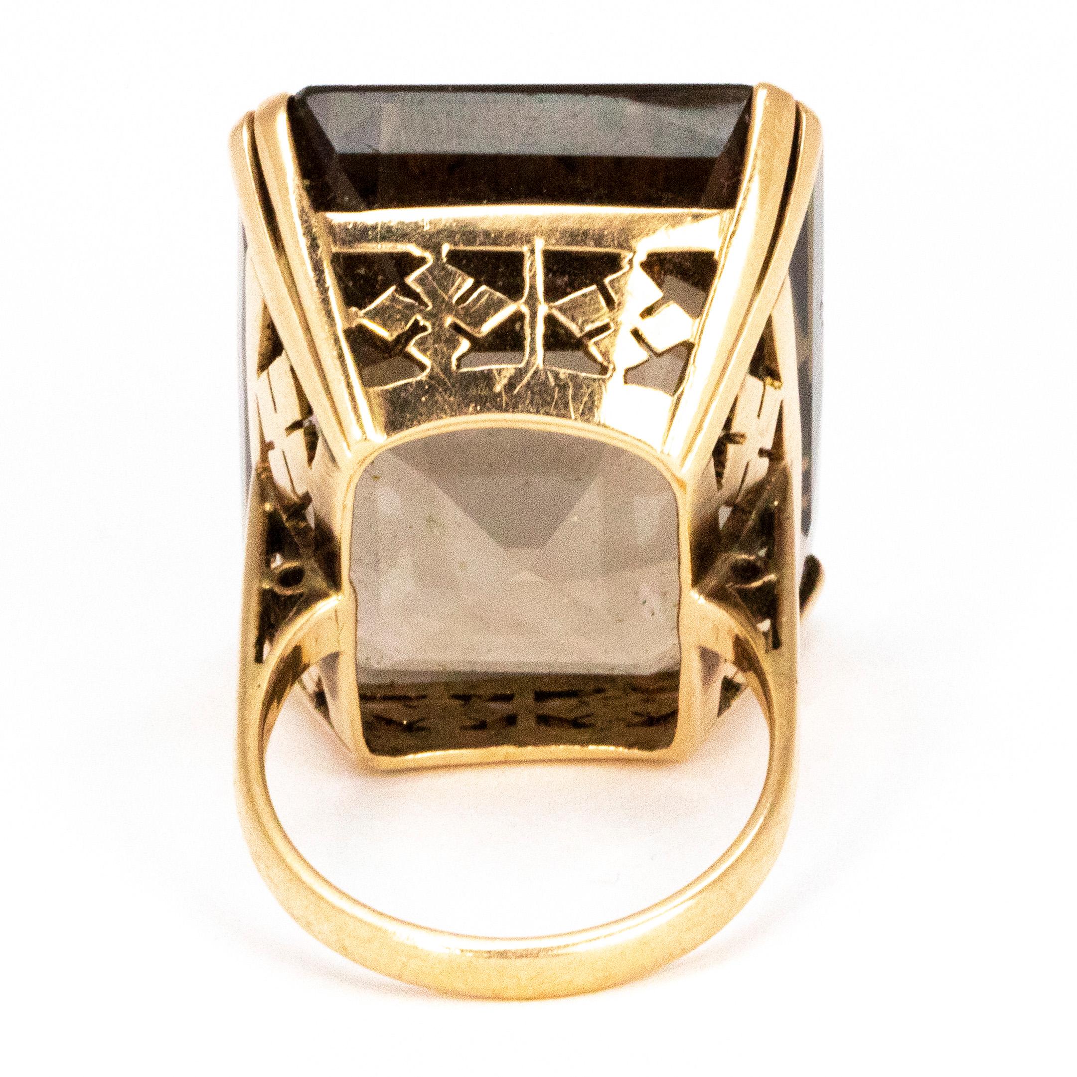 Emerald Cut Vintage Pale Smokey Quartz and 9 Carat Gold Cocktail Ring