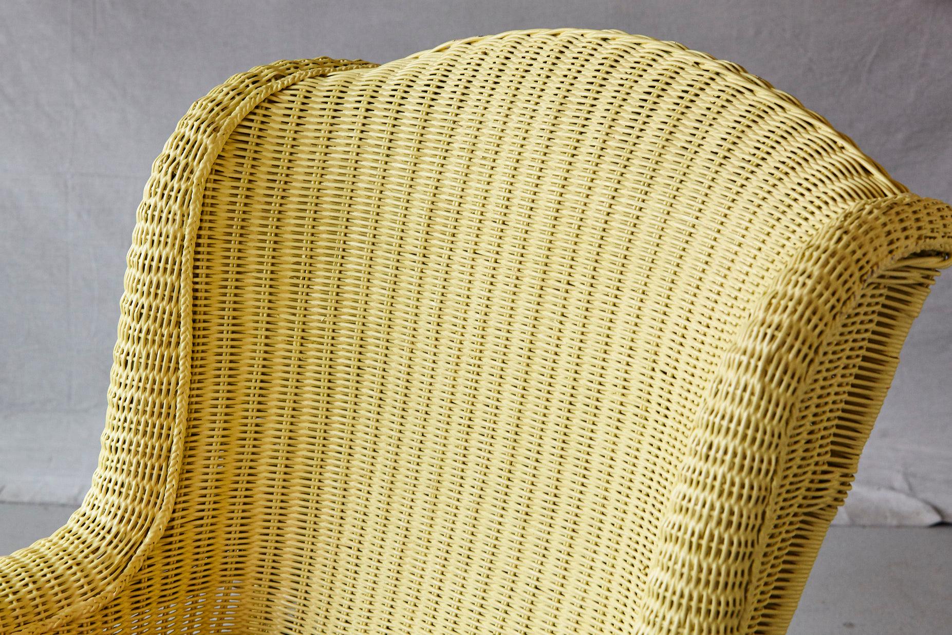 Vintage Pale Yellow Cape Cod Wicker Fauteuil with Pierre Deux Fabric Cushion 2