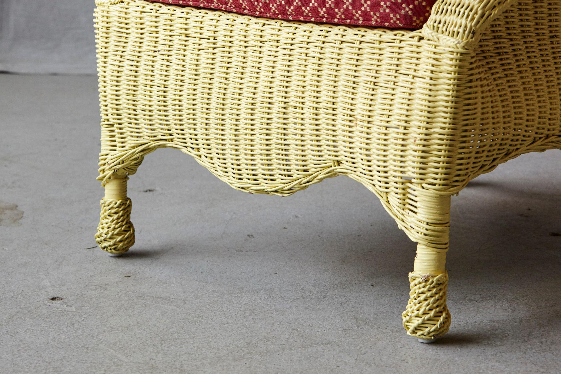 Vintage Pale Yellow Cape Cod Wicker Fauteuil with Pierre Deux Fabric Cushion 3