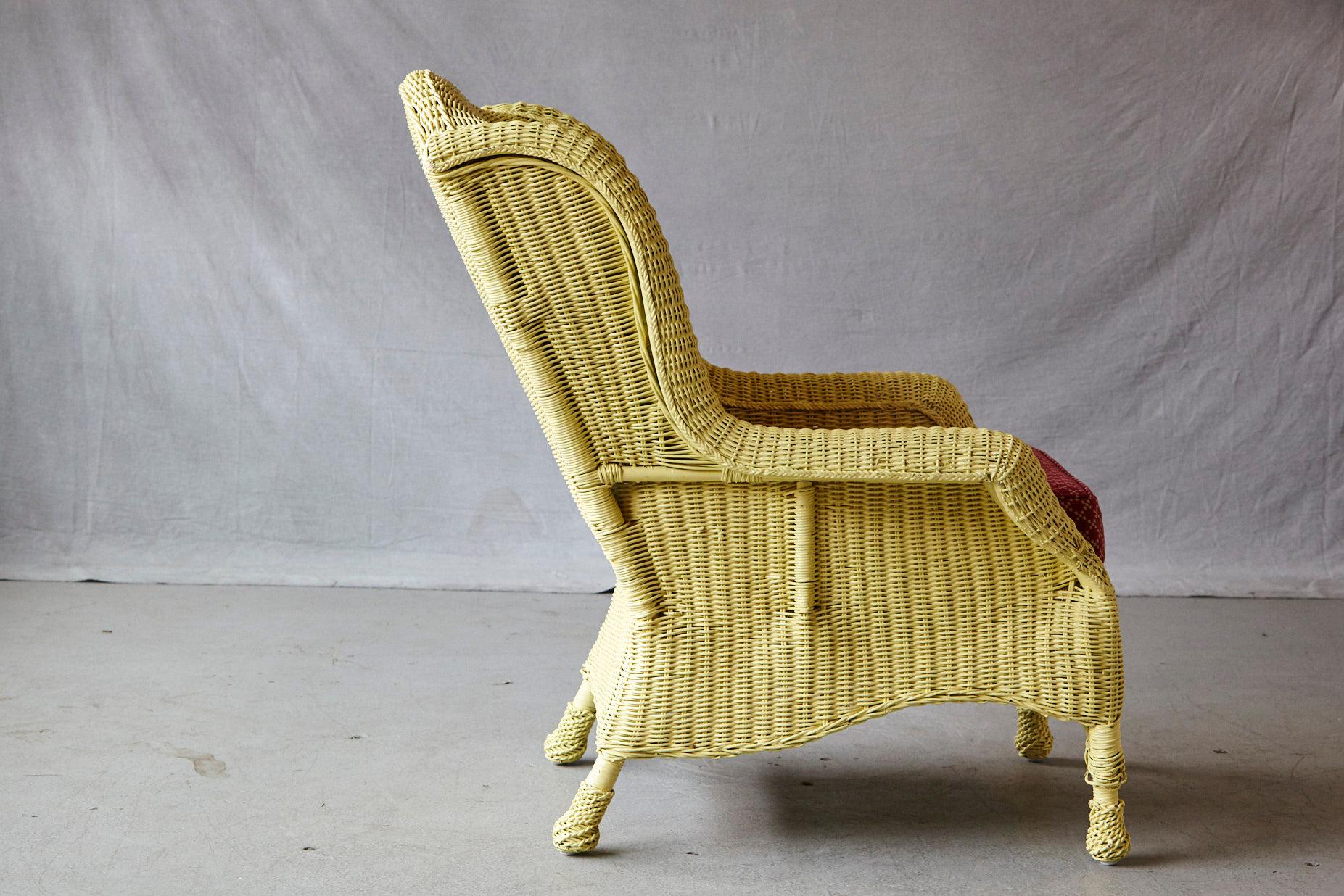 American Vintage Pale Yellow Cape Cod Wicker Fauteuil with Pierre Deux Fabric Cushion