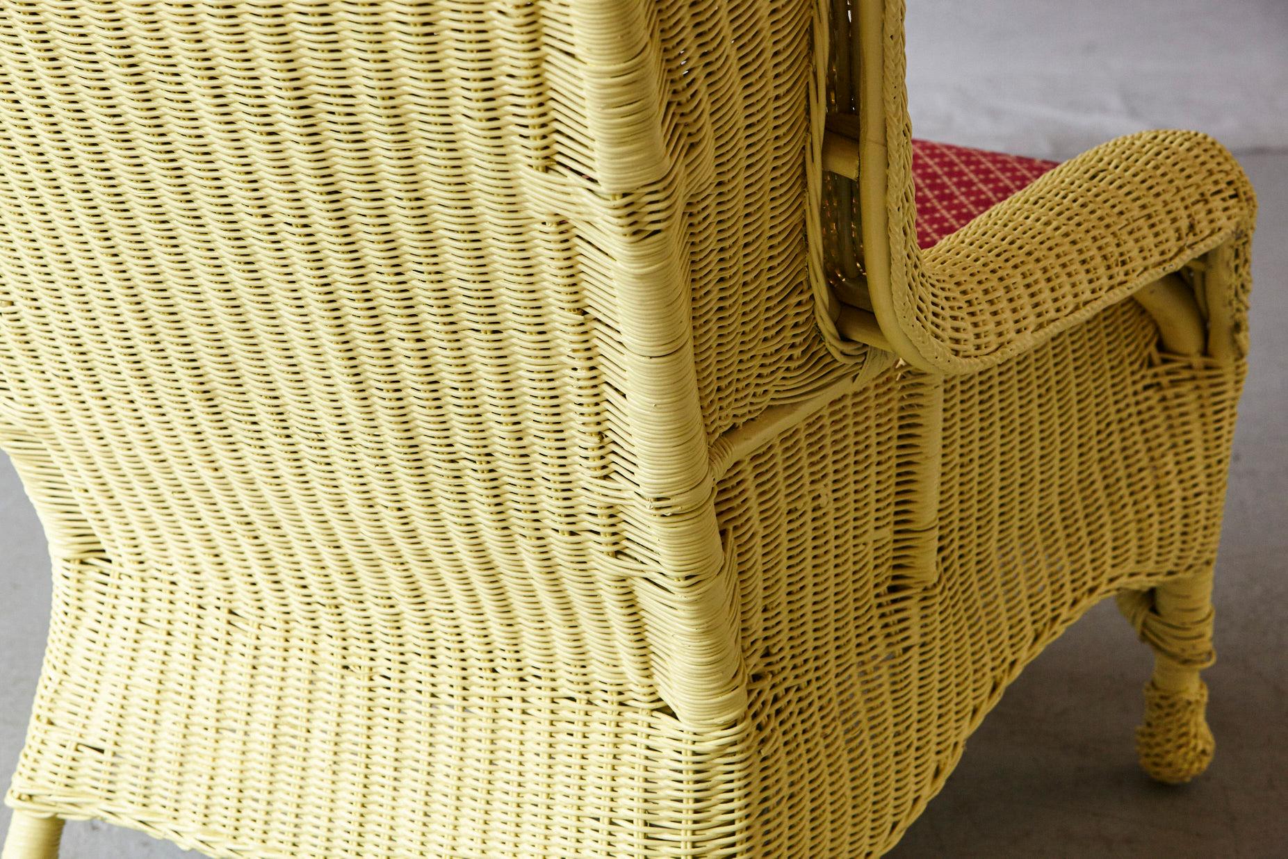 Mid-20th Century Vintage Pale Yellow Cape Cod Wicker Fauteuil with Pierre Deux Fabric Cushion