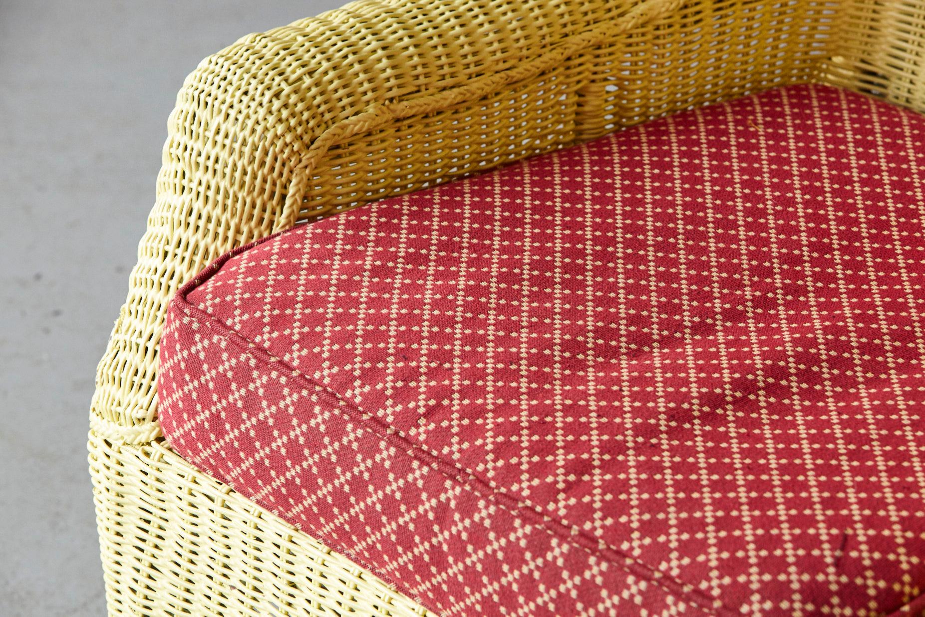 Vintage Pale Yellow Cape Cod Wicker Fauteuil with Pierre Deux Fabric Cushion 1