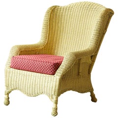 Used Pale Yellow Cape Cod Wicker Fauteuil with Pierre Deux Fabric Cushion