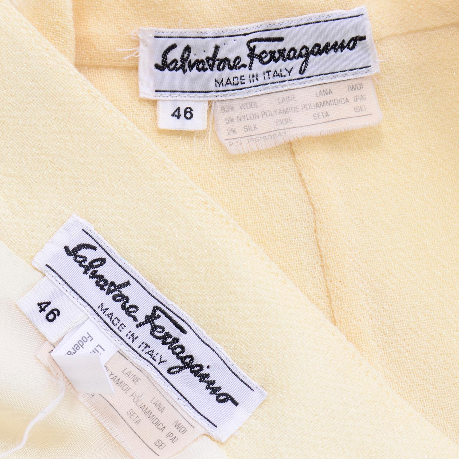 Vintage Pale Yellow Salvatore Ferragamo Skirt and Longline Blazer Jacket Suit For Sale 2