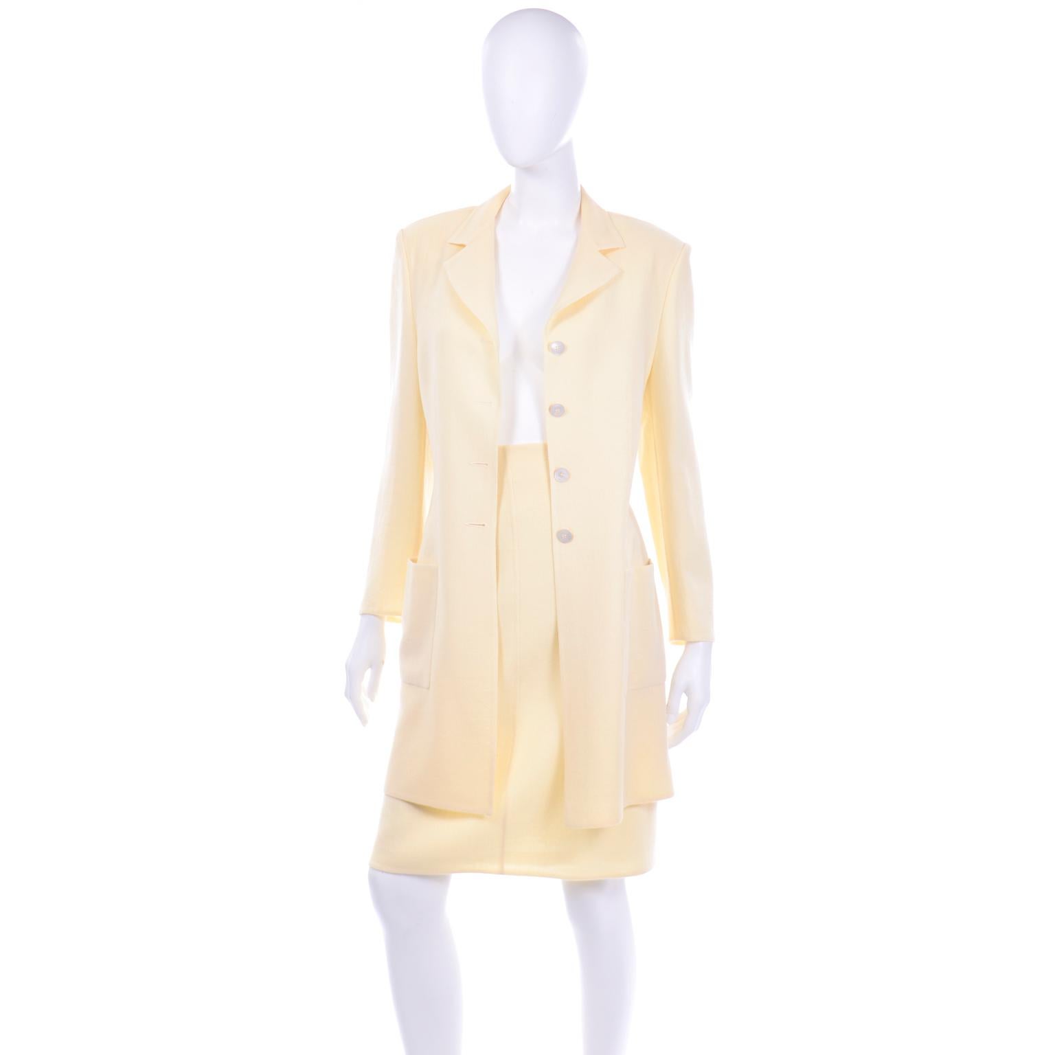 White Vintage Pale Yellow Salvatore Ferragamo Skirt and Longline Blazer Jacket Suit For Sale
