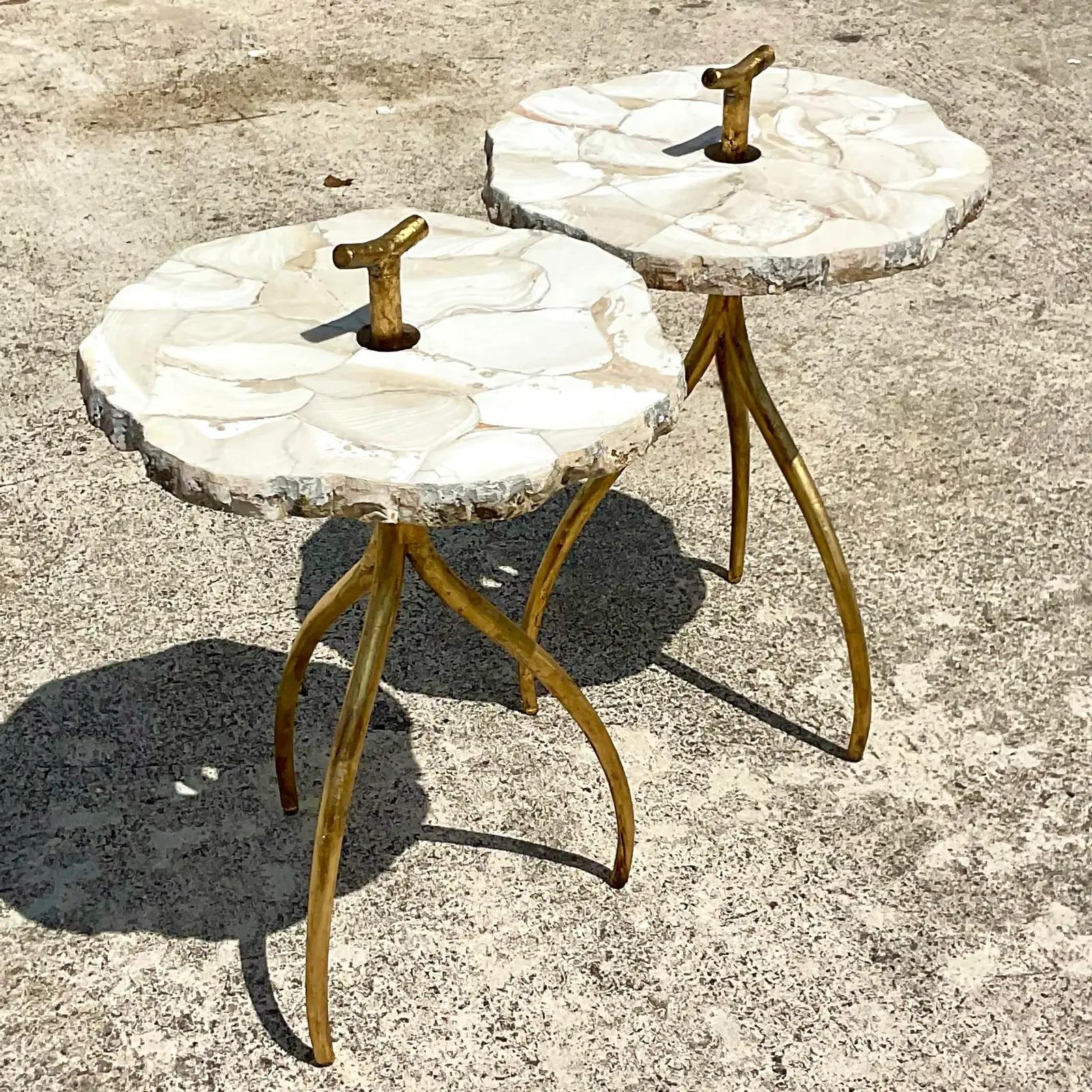 20th Century Vintage Palecek Clamshells in Marble Drinks Tables, a Pair