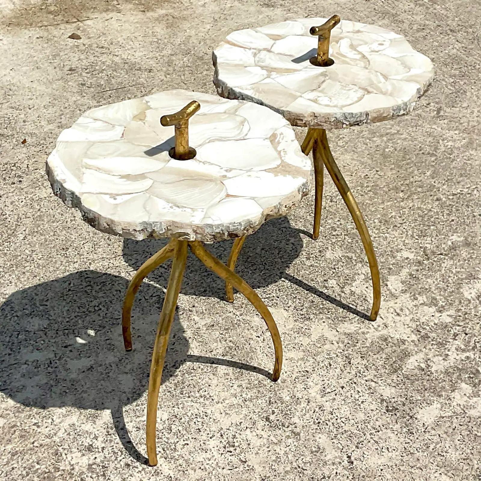 Stone Vintage Palecek Clamshells in Marble Drinks Tables, a Pair