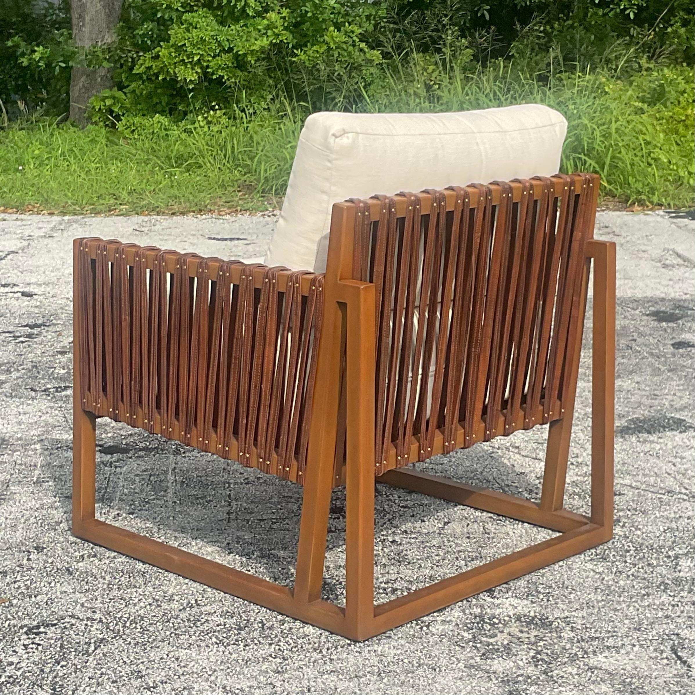 Vintage Palecek “Commodore” Leather Strap Lounge Chair In Good Condition In west palm beach, FL