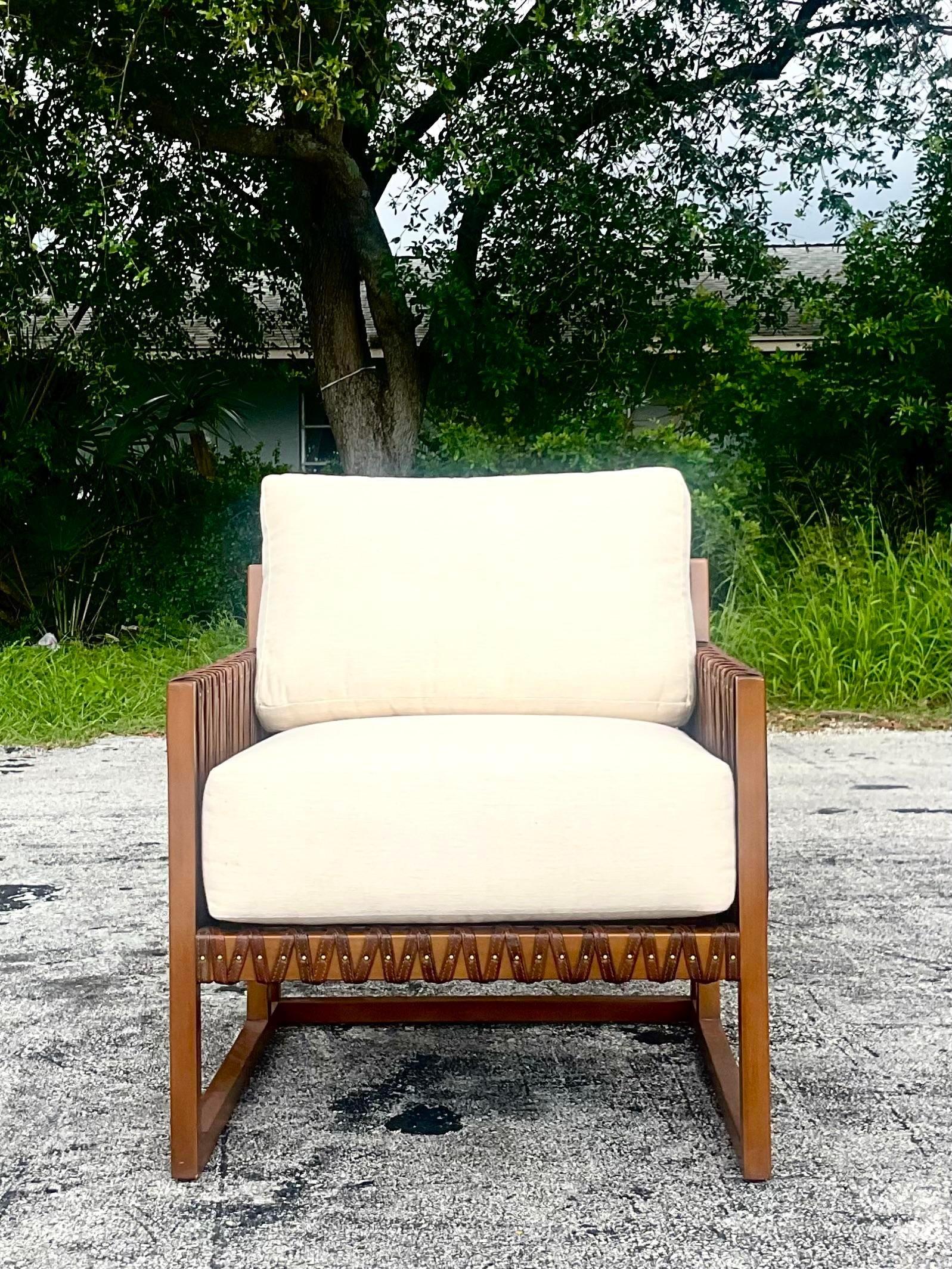 Vintage Palecek “Commodore” Leather Strap Lounge Chair 1