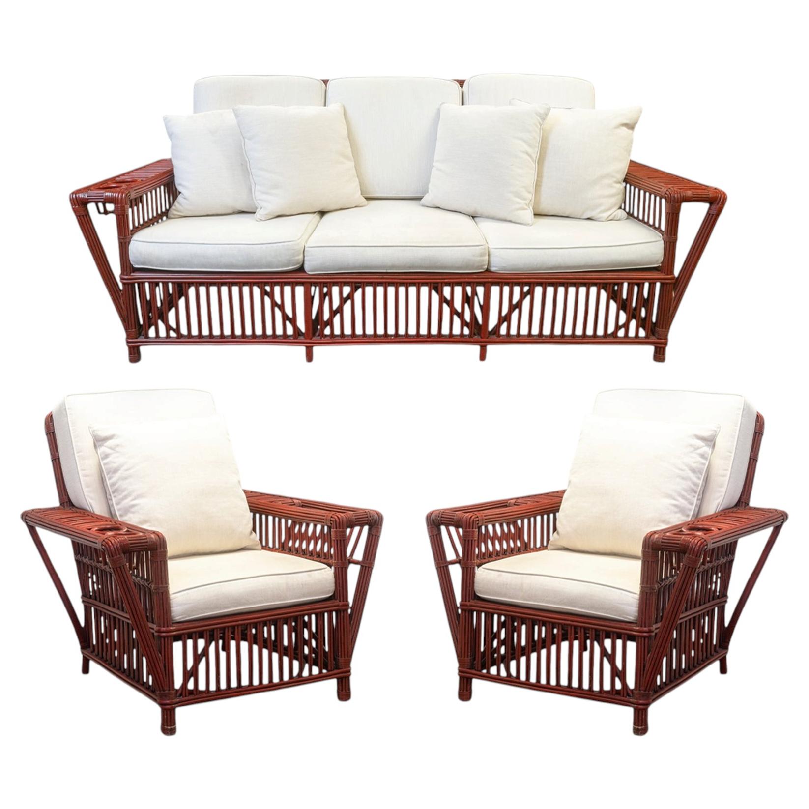 Vintage Palecek President's Sofa & Chair 3 Piece Rattan Patio Sofa & Chair Set