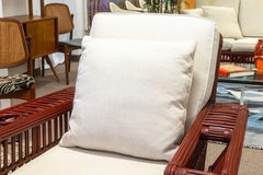 Vintage Palecek President's Sofa Red Rattan White Cushions Patio Sofa