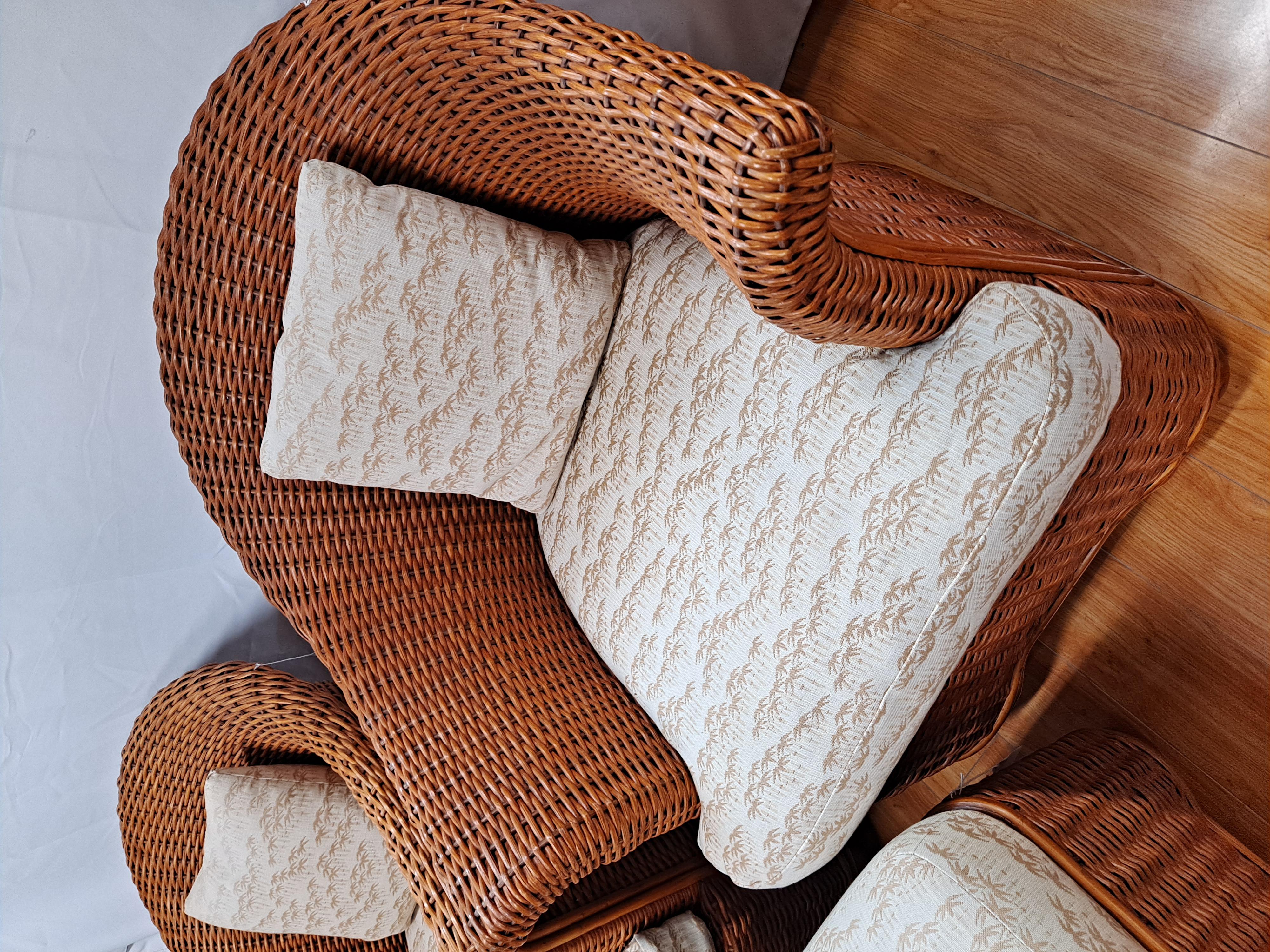 20th Century Vintage Palecek Woven Wicker 3-piece Patio Chairs & Ottoman Set