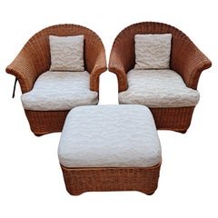 Vintage Palecek Woven Wicker 3-piece Patio Chairs & Ottoman Set