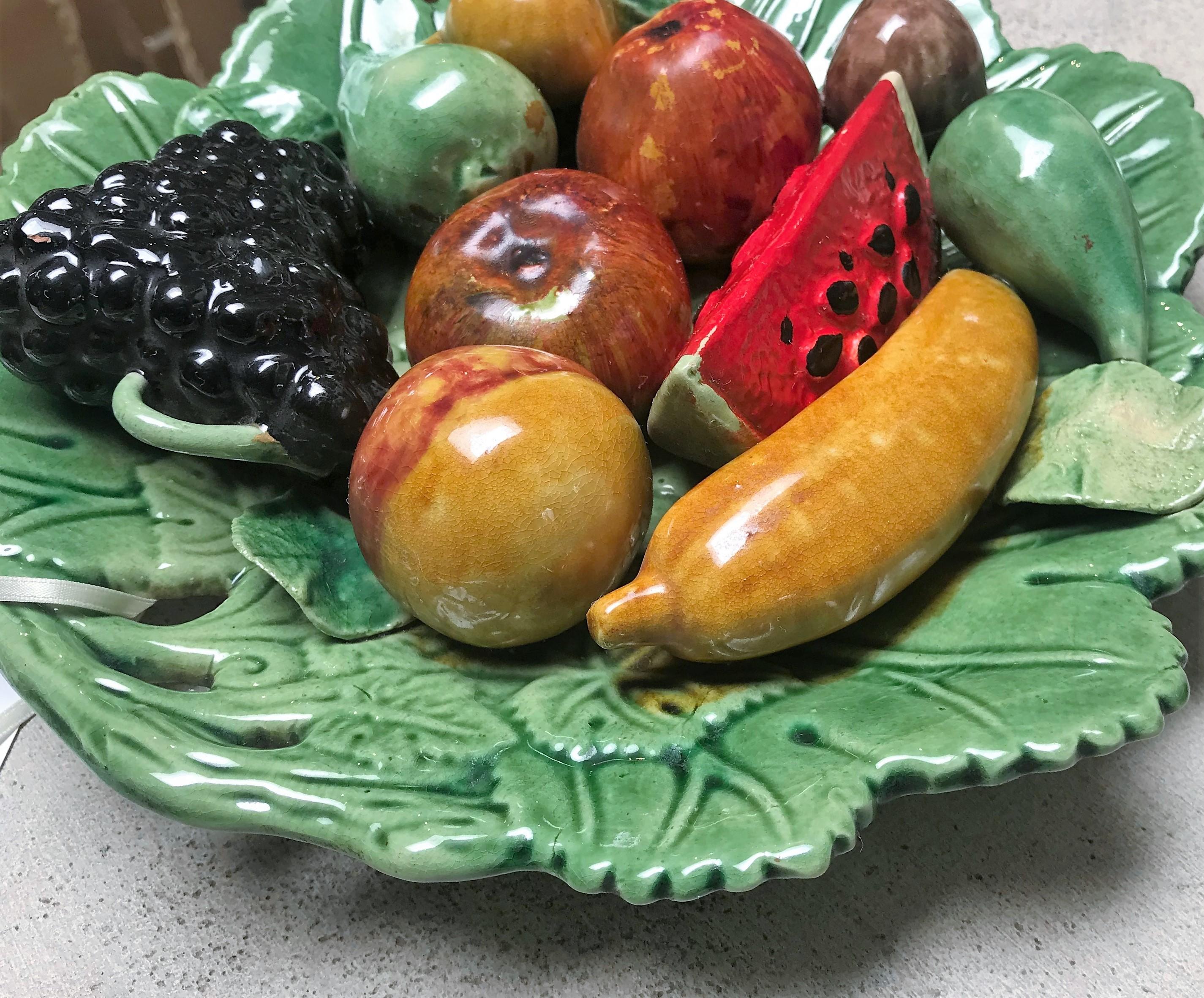 Glazed Vintage Palissey Style Art Pottery Fruit and Leaf Plate For Sale