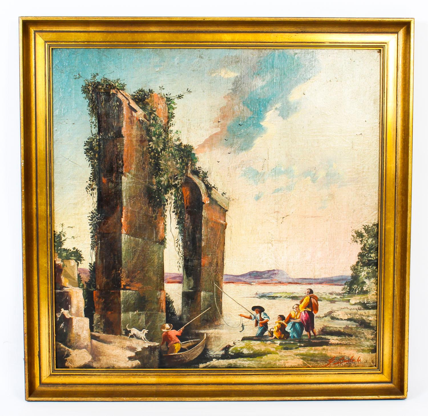 Canvas Vintage Palladian Oil Painting Classical Roman Ruins, 20th Century For Sale