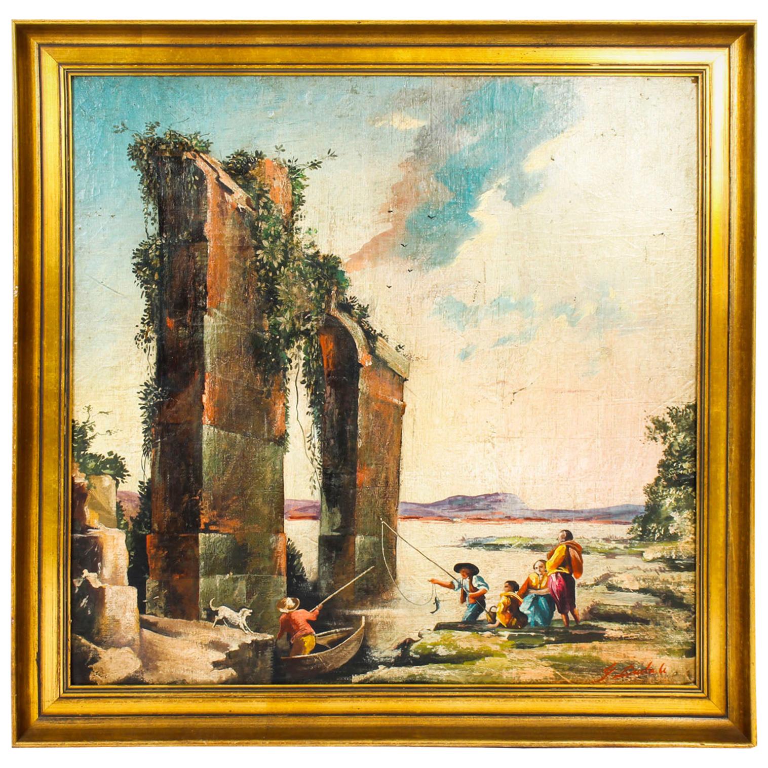 Vintage Palladian Oil Painting Classical Roman Ruins, 20th Century