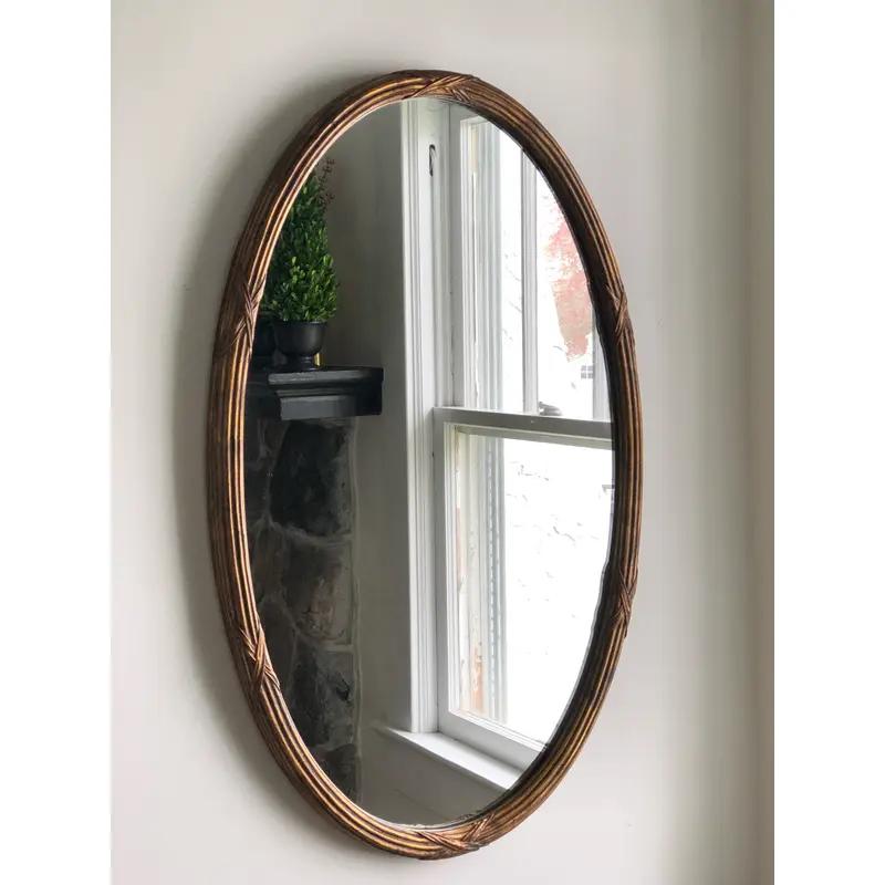 Beautiful classic designed oval mirror with faux reed design. Deep channel accents with faux crossed reed wrapping.
Curbside to NYC/Philly $400