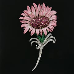 Broche florale vintage en or palladium GIA 7,60 carats, rubis de Birmanie, diamants et émail