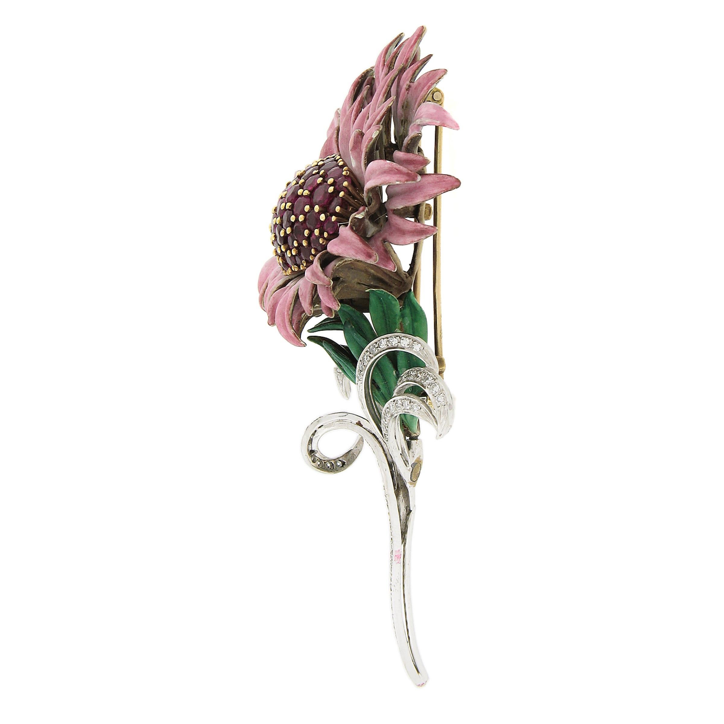 Vintage Palladium Gold GIA 7.60ct Burma Ruby Diamond Enamel Floral Pin Brooch In Excellent Condition For Sale In Montclair, NJ