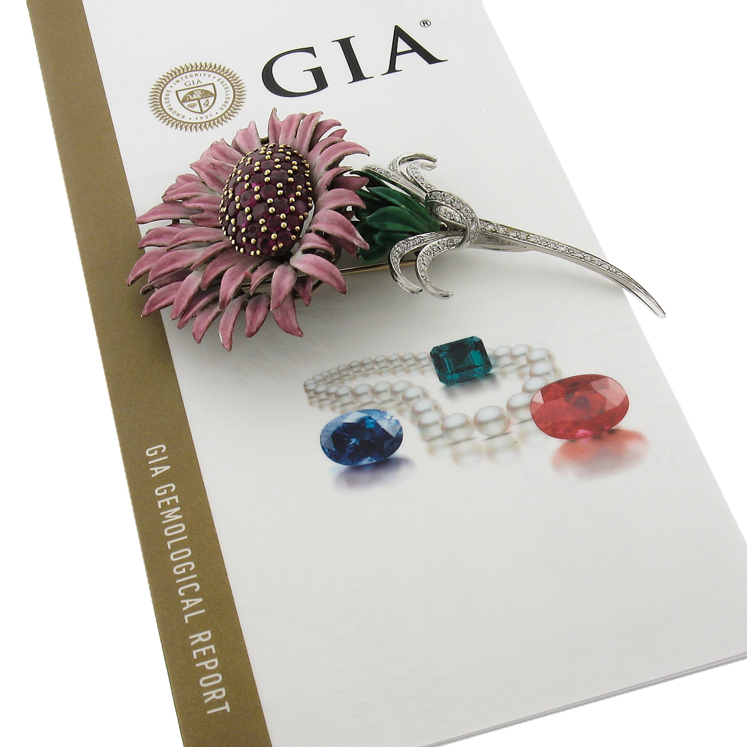 Women's Vintage Palladium Gold GIA 7.60ct Burma Ruby Diamond Enamel Floral Pin Brooch For Sale