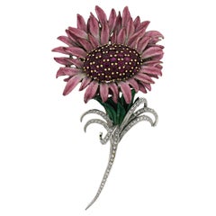 Spilla floreale d'epoca in oro palladio GIA 7,60ct Burma Ruby Diamond Enamel
