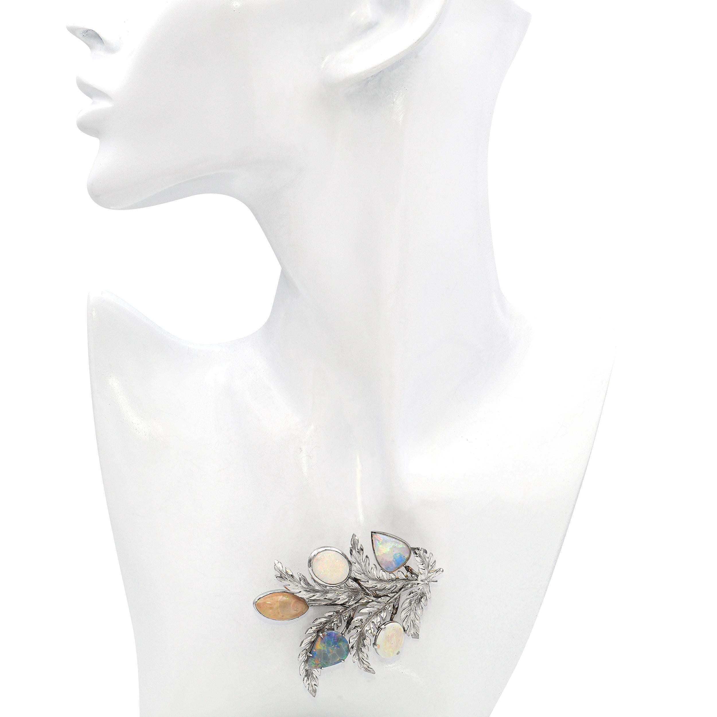 Art Nouveau Vintage Palladium Opal Flora Plant Brooch For Sale