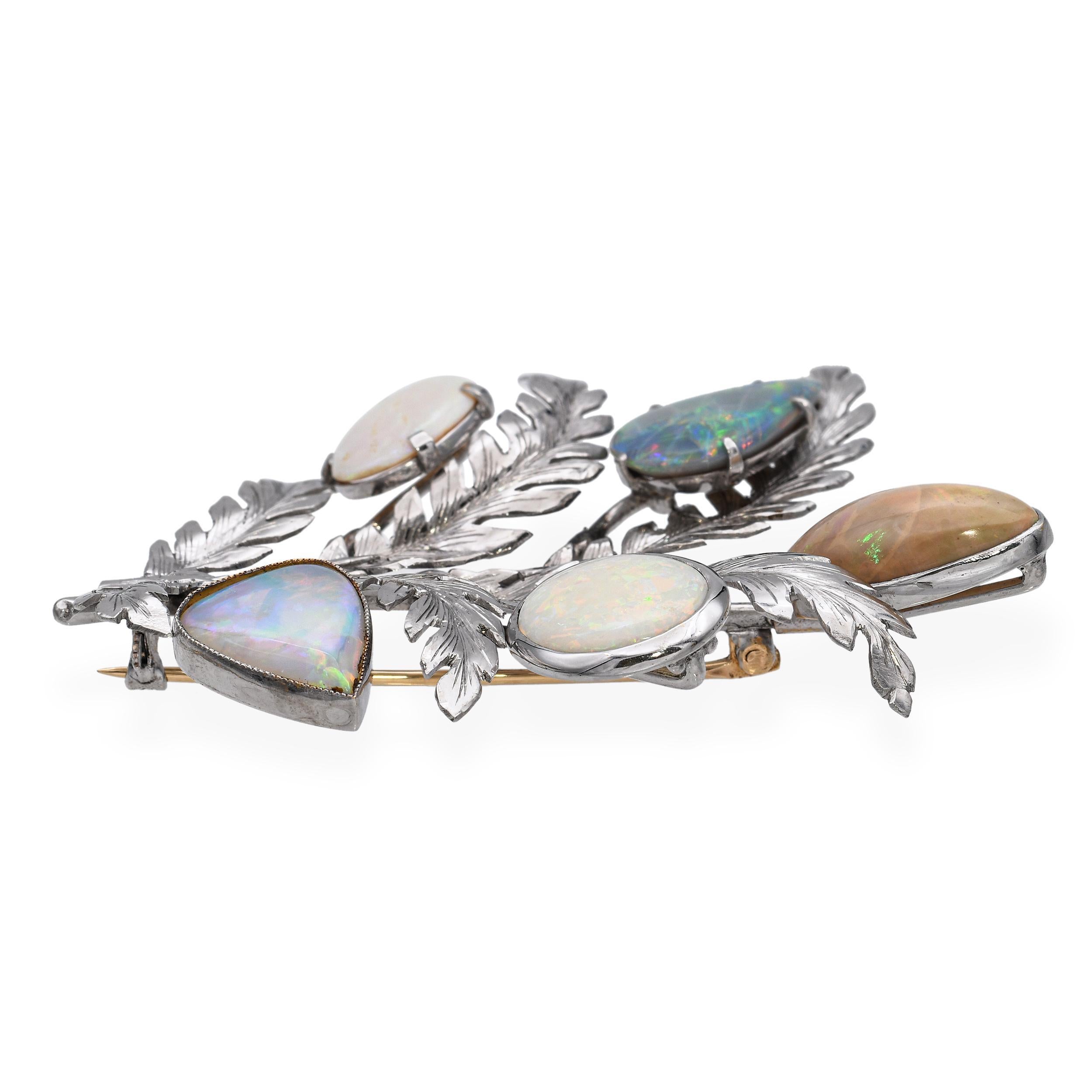 Cabochon Vintage Palladium Opal Flora Plant Brooch For Sale