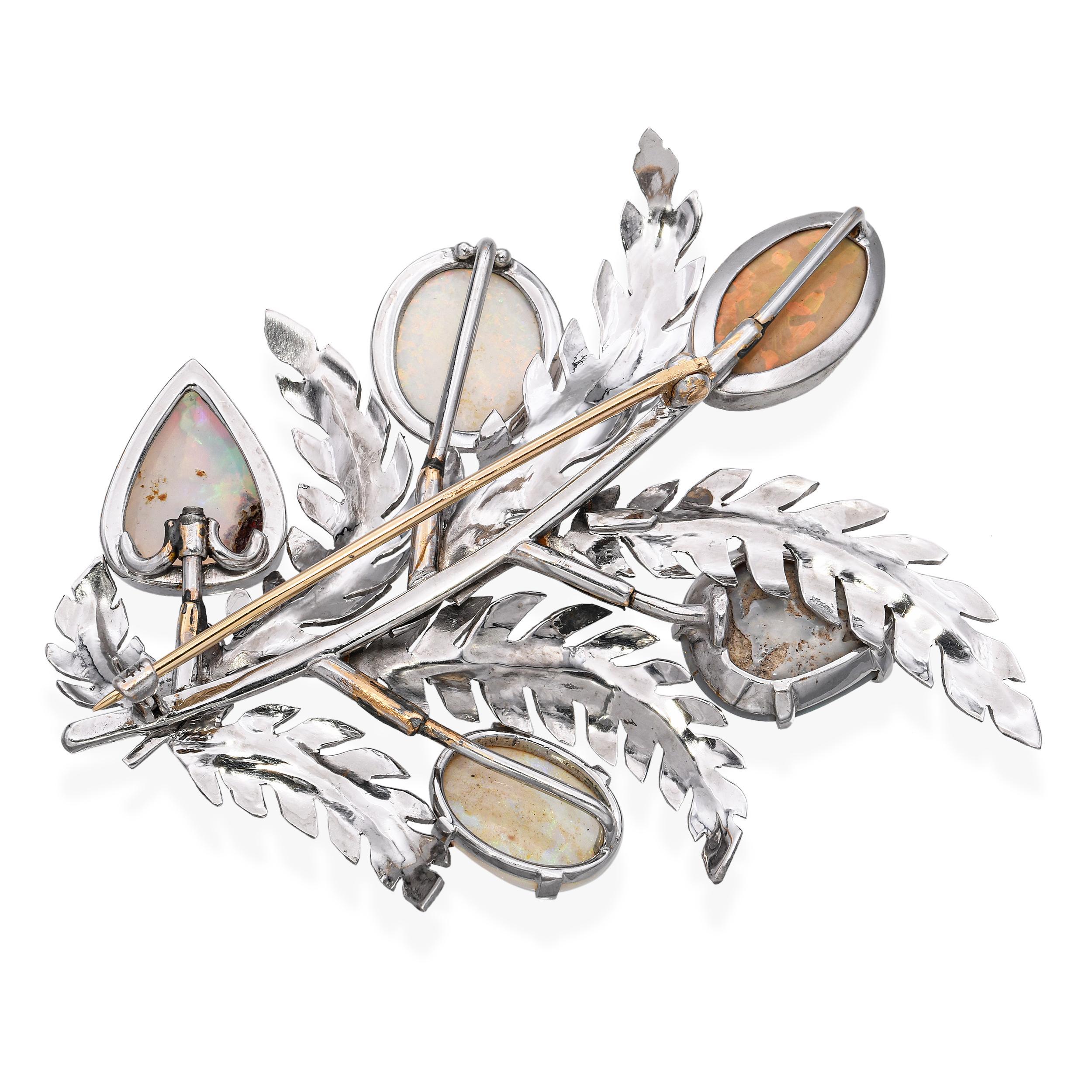 Vintage Palladium Opal Flora Plant Brooch In Good Condition For Sale In New York, NY
