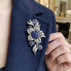Vintage Palladium Sapphire and Diamond Floral Spray Brooch