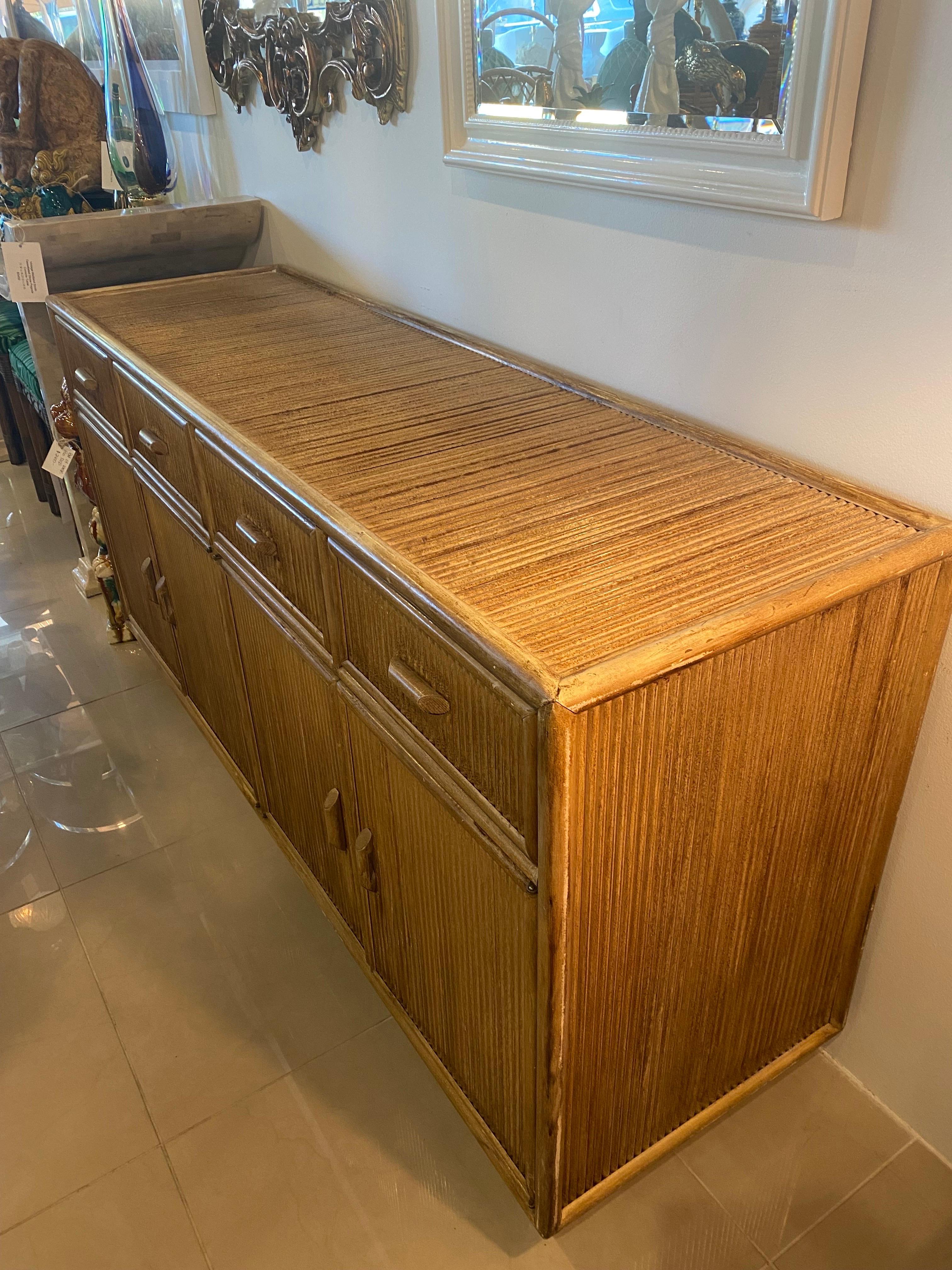 Late 20th Century Vintage Palm Beach Bamboo Pencil Reed Credenza Cabinet Buffet Drawers Dresser  For Sale