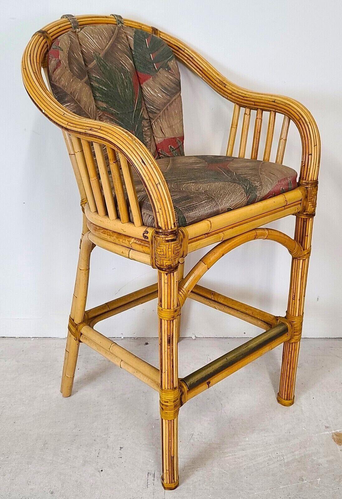 For FULL item description be sure to click on CONTINUE READING at the bottom of this listing.
Offering One Of Our Recent Palm Beach Estate Fine Furniture Acquisitions Of A Set of 4 Vintage Palm Beach Bamboo & Leather Rattan Barstools
Featuring